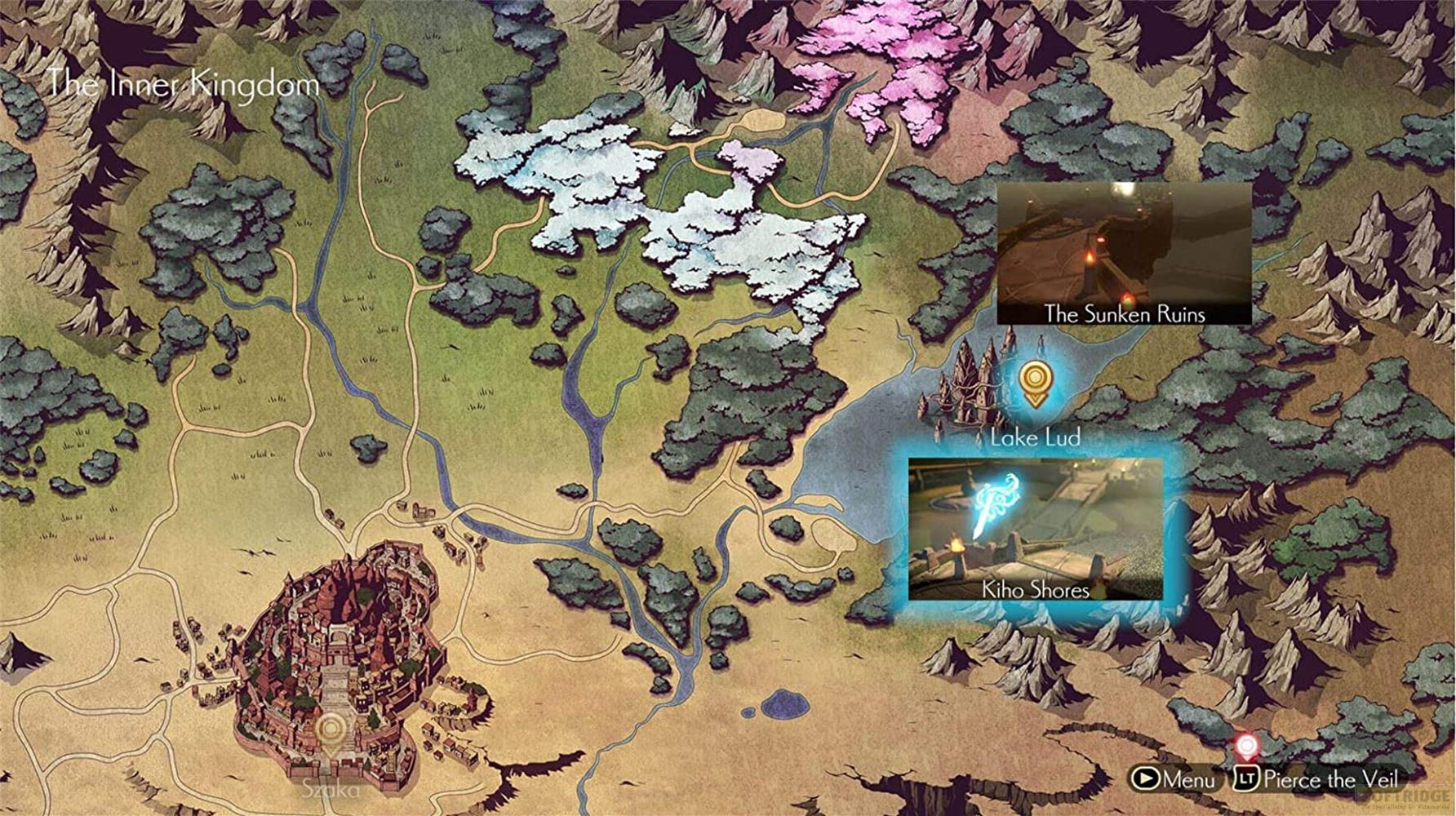 Karte des Inneren Königreichs mit Orten wie Szuka, Lake Lud und Kiho Shores.