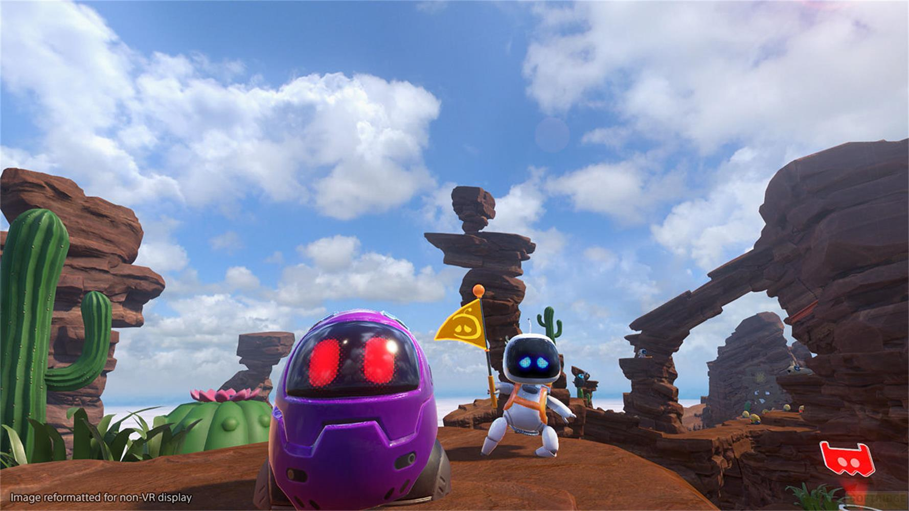 Zwei Roboter in einer Wüstenlandschaft mit Kakteen und Felsen.