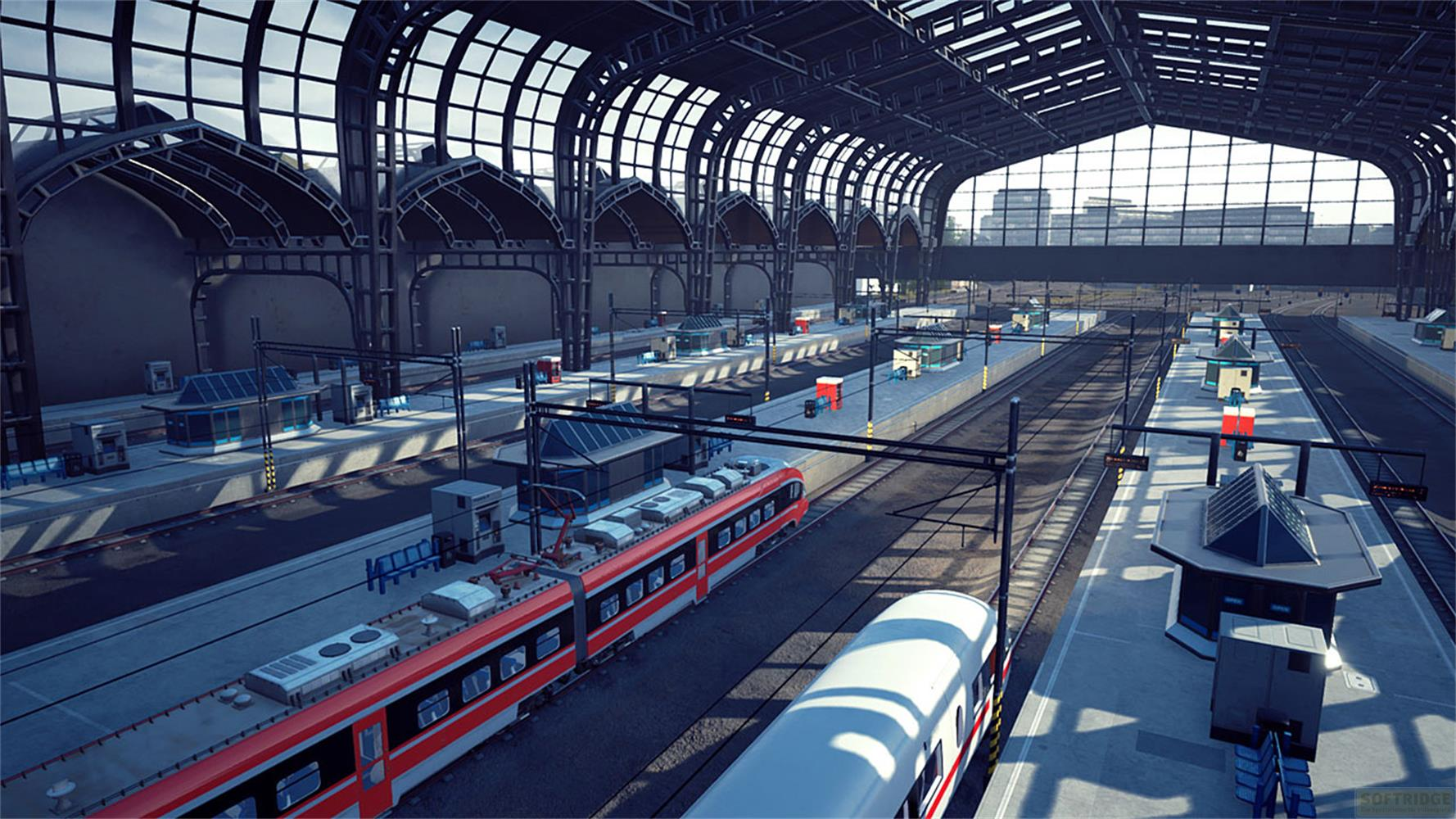 Ein roter und weißer Zug steht auf einer Bahnsteigseite unter einem großen Glasdach.