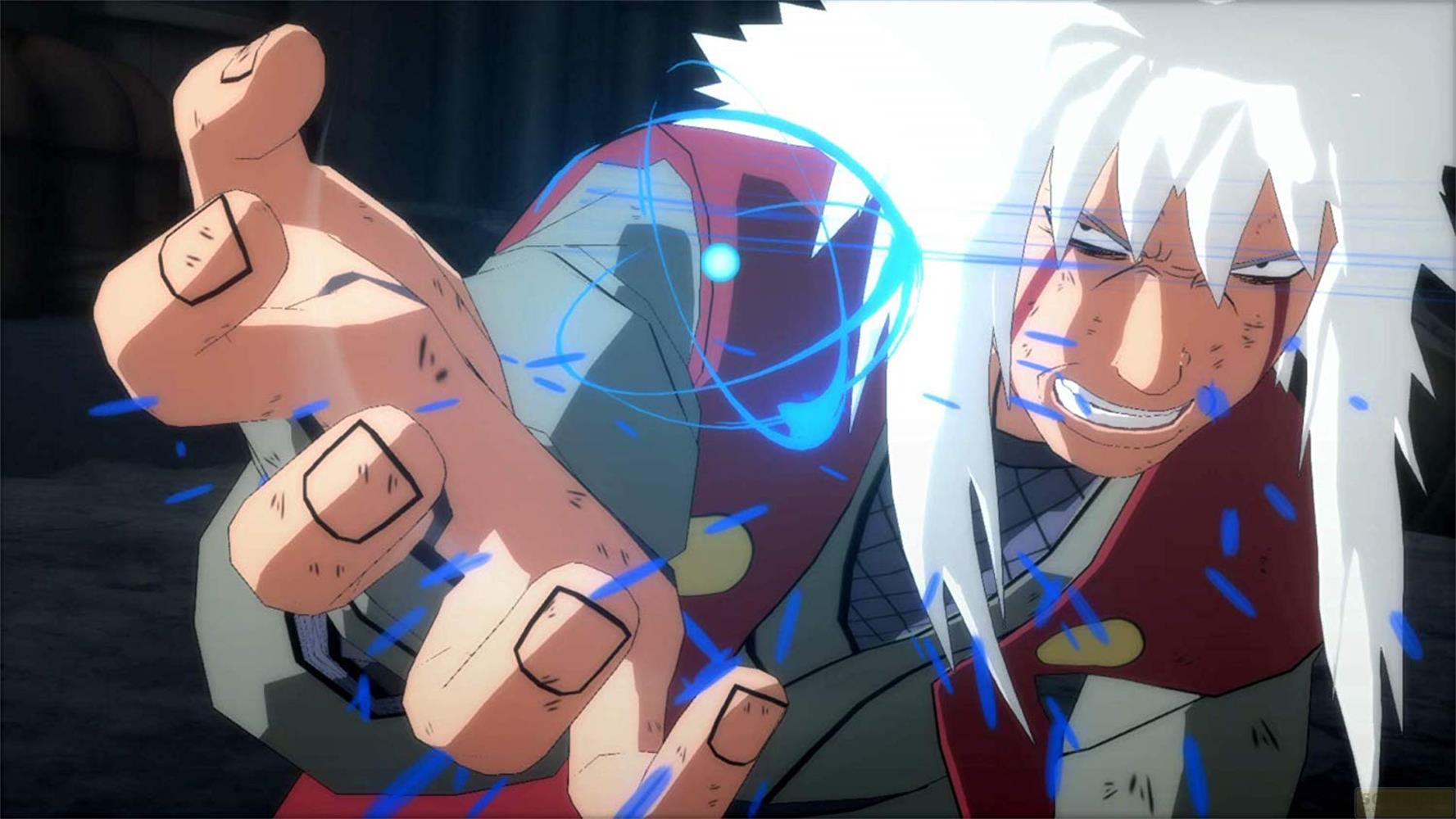Jiraiya mit langen weißen Haaren und roter Weste, der eine blaue Energiekugel beschwört.