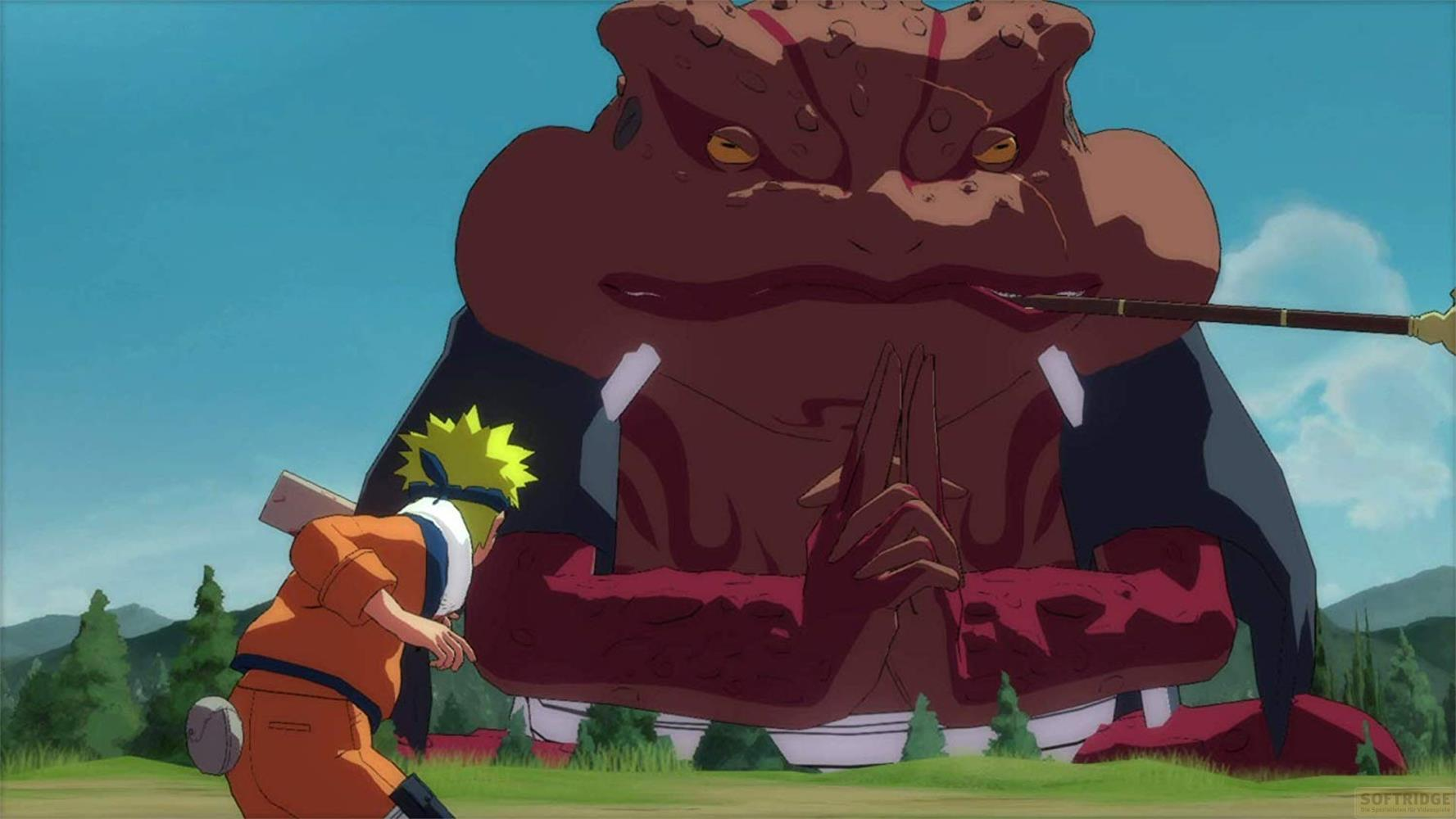 Ein Junge in Orange steht einem riesigen braunen Frosch gegenüber.