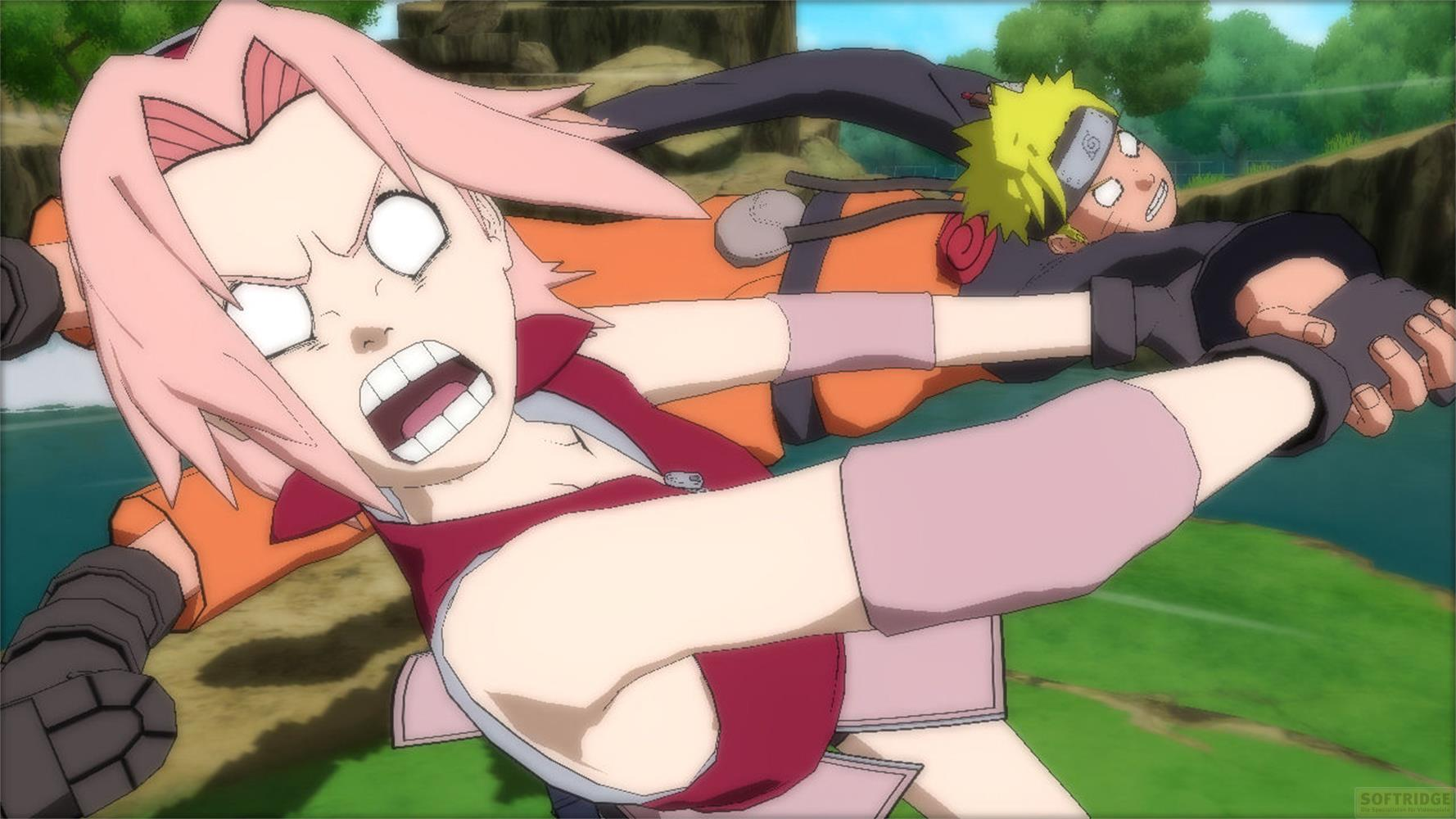 Sakura und Naruto in Aktion vor einer grünen, felsigen Kulisse.