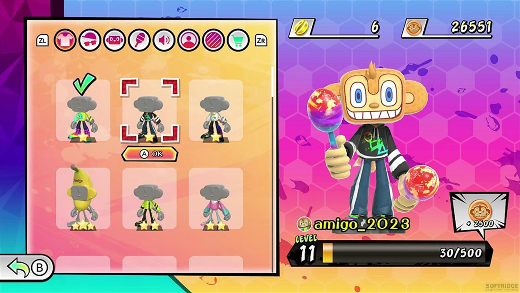 Ein Affe hält Maracas in einem Spielmenü mit Charakter-Icons.