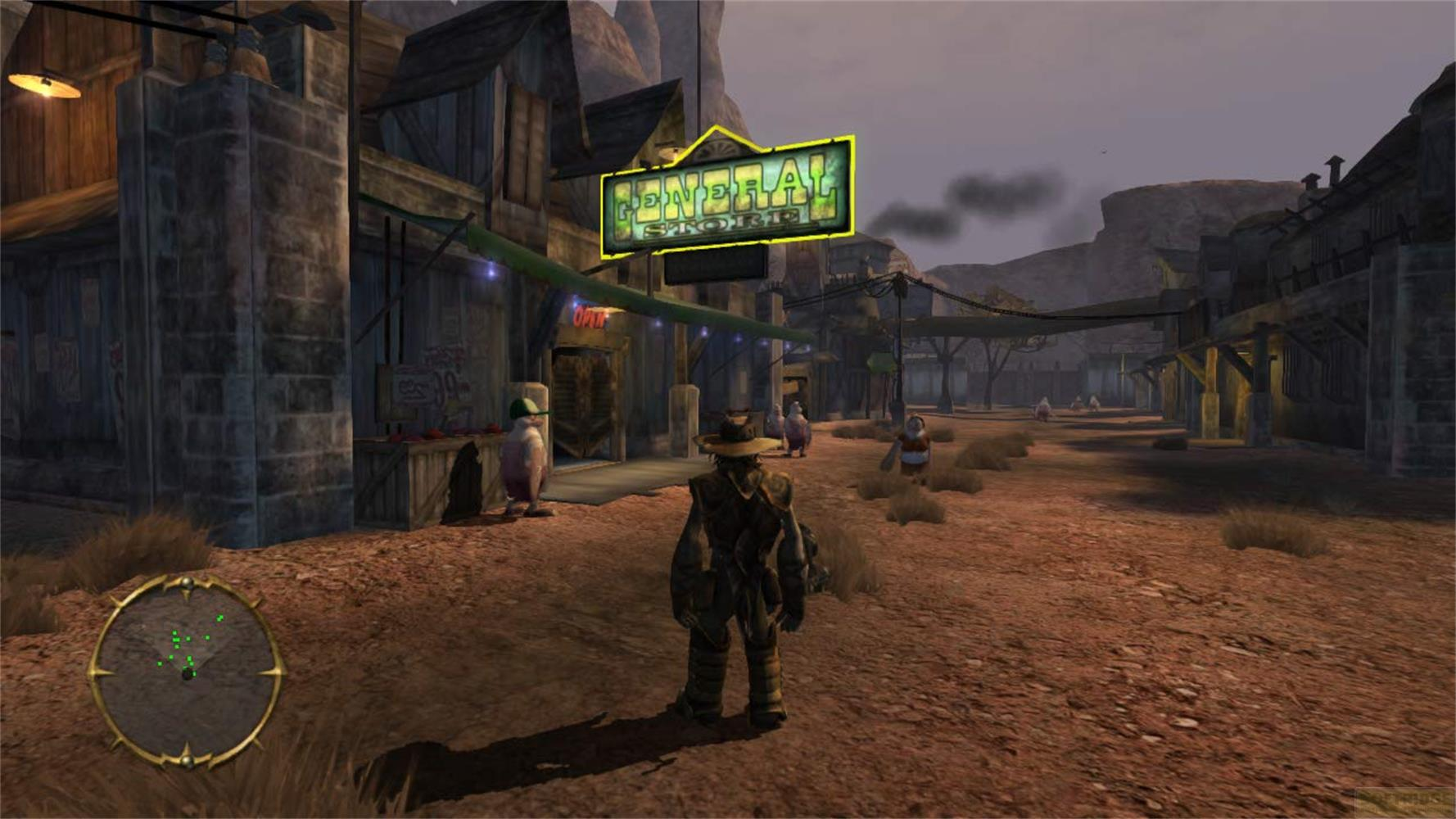 Ein Mann in einem staubigen Dorf mit einem "General Store"-Schild.