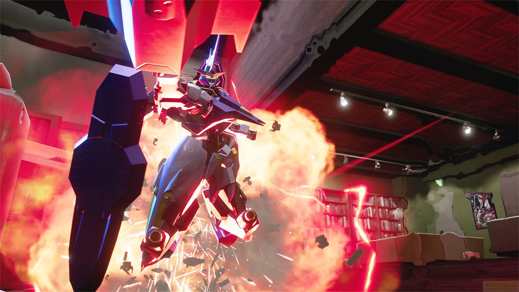 Niebiesko-biały mech walczy w zniszczonym pomieszczeniu z czerwonymi mieczami świetlnymi.