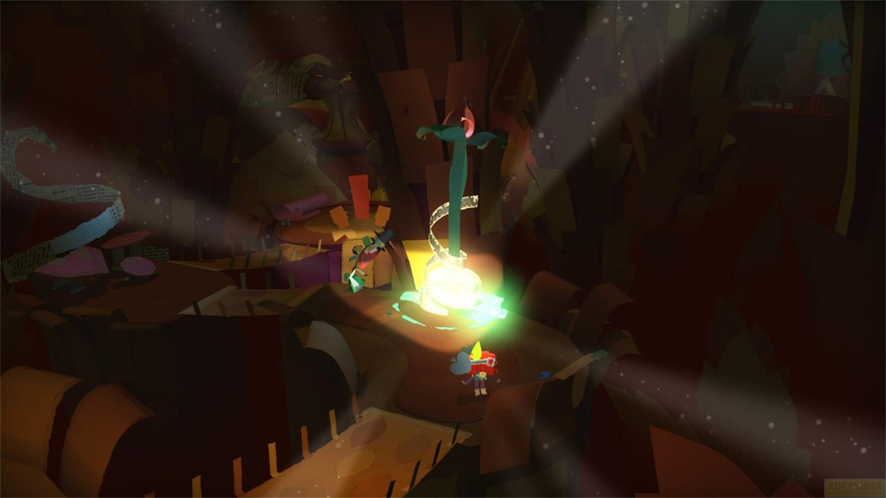 Deux personnages se tiennent dans un environnement sombre et encombré avec un objet lumineux.