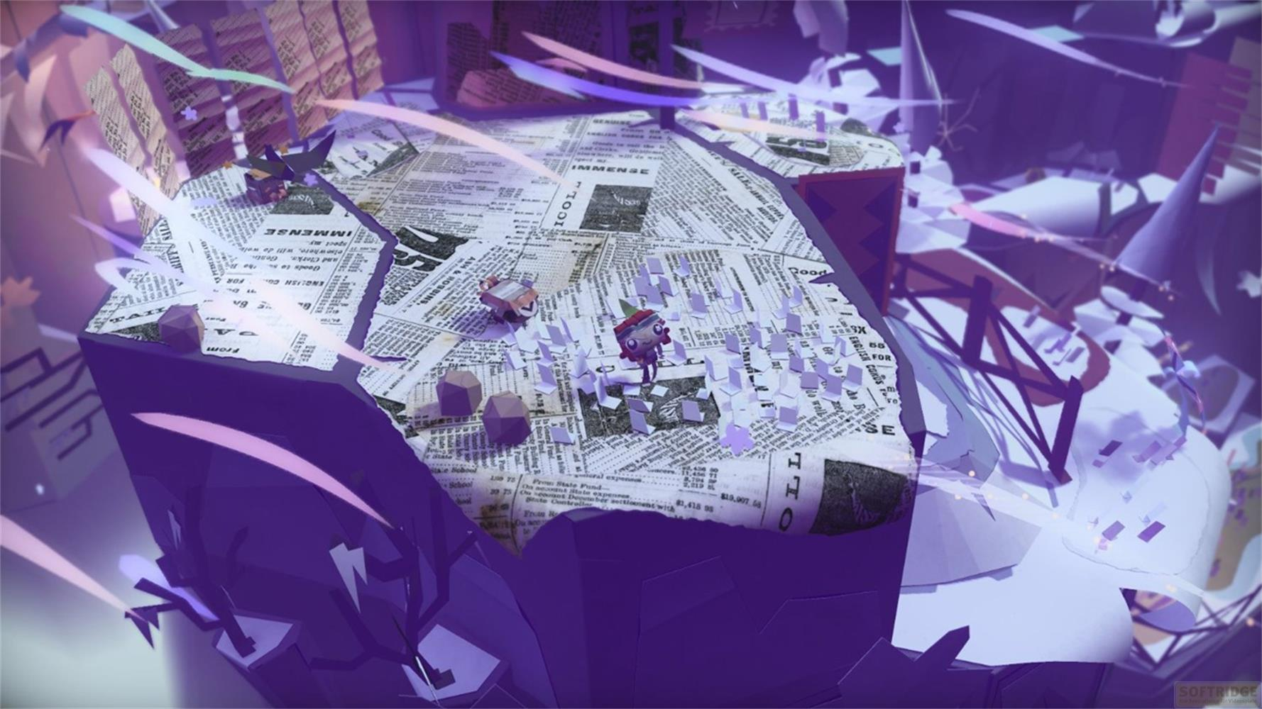 Un personnage de dessin animé et un robot se tiennent sur des journaux dans un paysage violet.