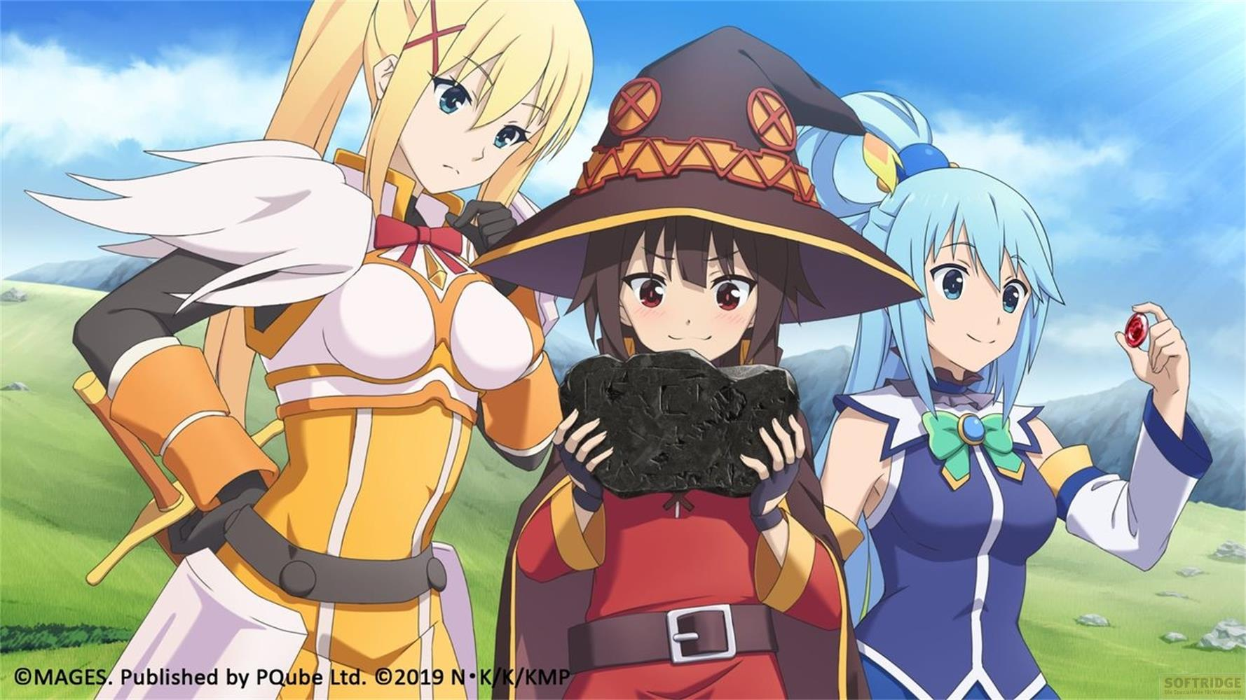Tre ragazze anime stanno in un campo verde sotto un cielo blu.