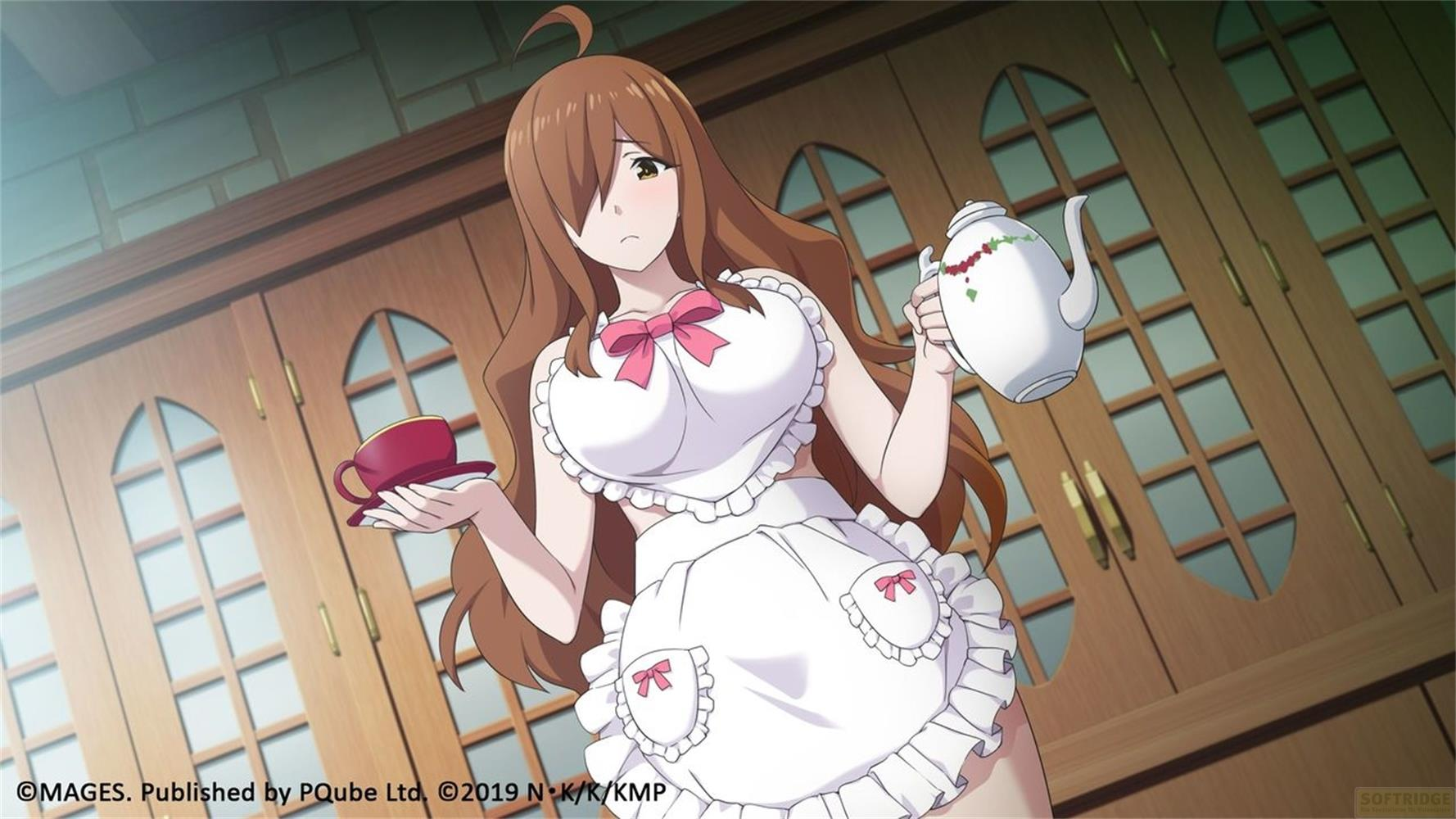 Una cameriera anime con capelli castani tiene una tazza da tè e una teiera.