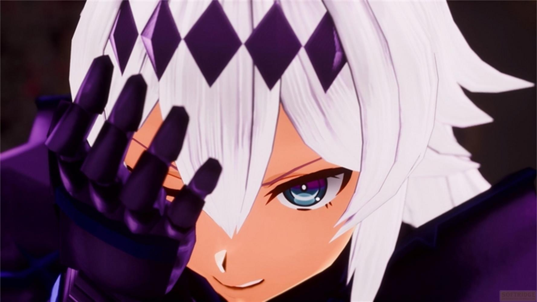 Anime-Figur mit weißen Haaren und violetter Rüstung streckt eine Hand aus.