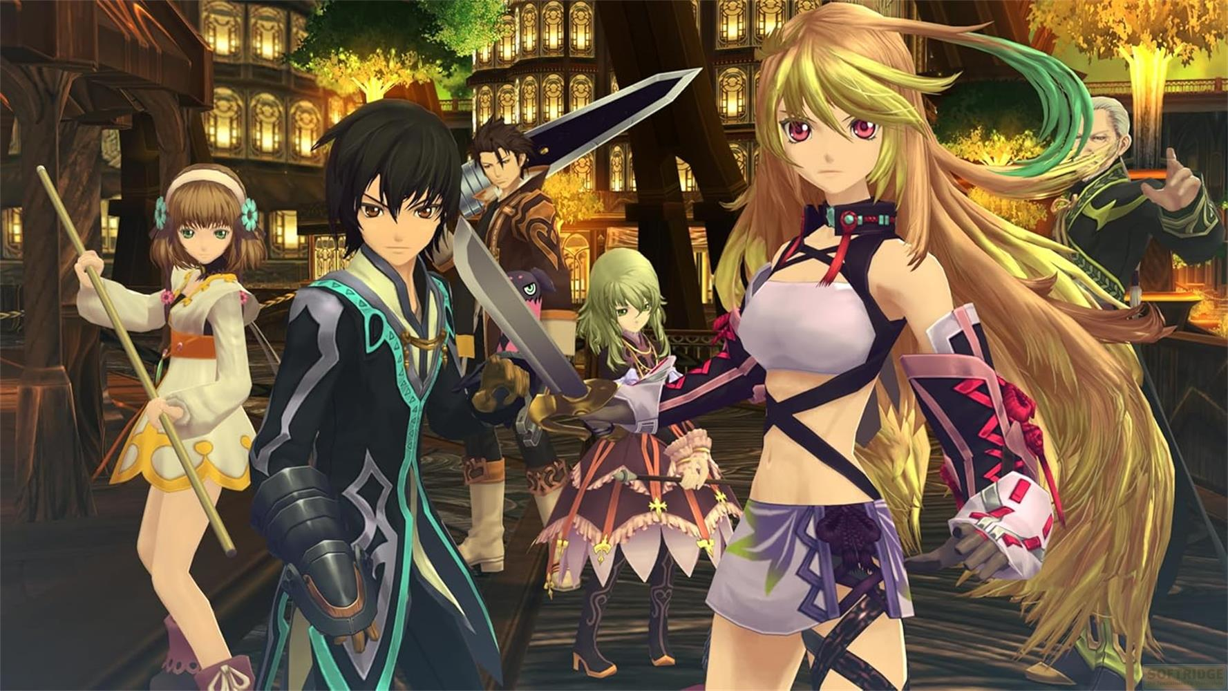 Sei personaggi anime con armi stanno in una città fantasy.