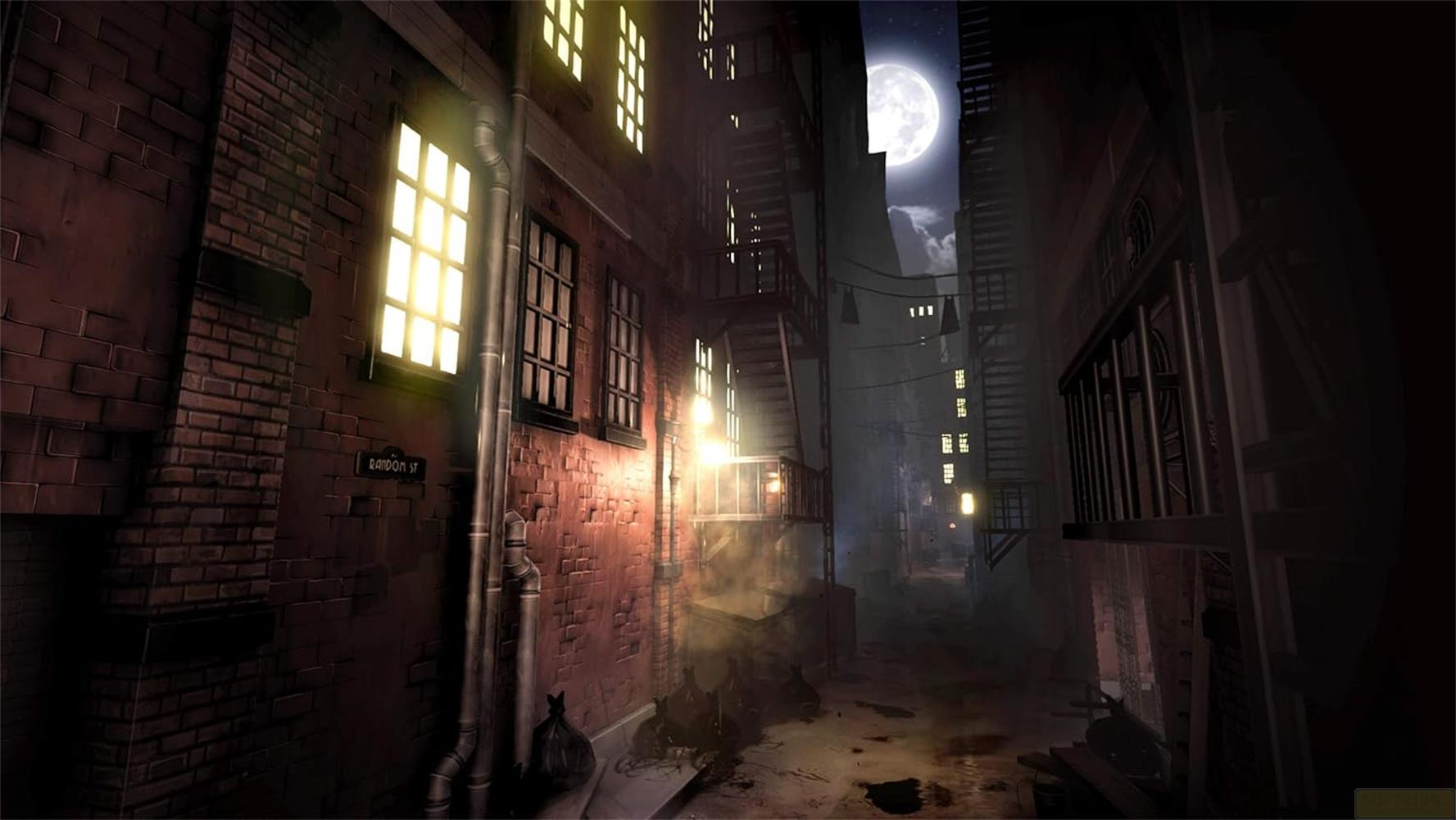 Dunkle Gasse bei Nacht, Mond, Feuerleitern, Backsteinmauern, gelbe Fensterlichter.
