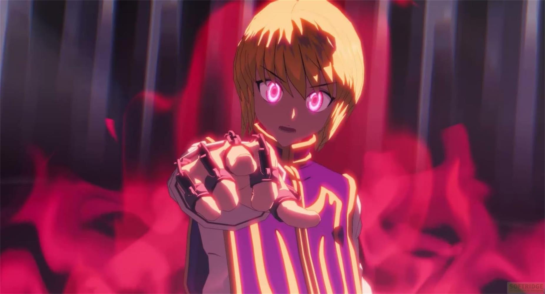 Kısa sarı saçlı ve parlak pembe gözlü bir anime karakteri ileriye doğru işaret ediyor.