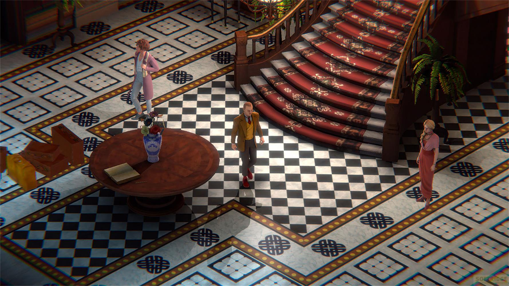 Tre persone in un'opulenta hall con pavimento a scacchiera e tappeto rosso.