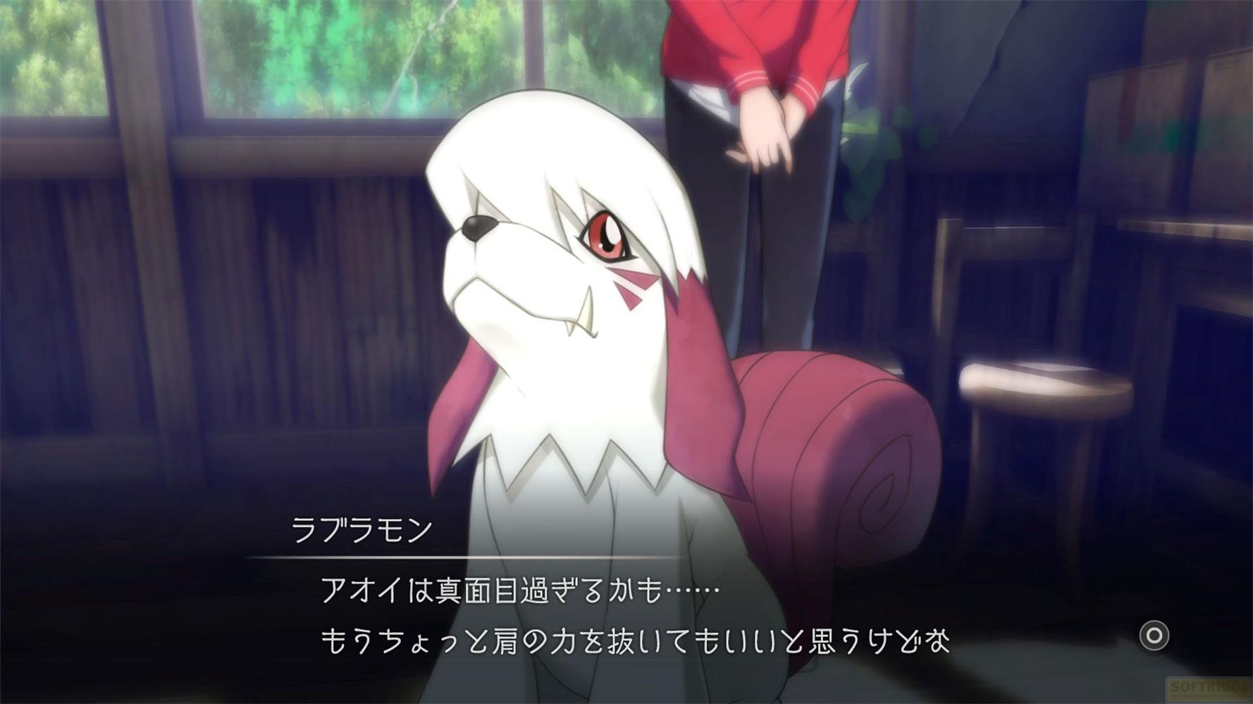 Ein weißer und roter Digimon namens Labramon sitzt vor einem Fenster. Eine Person steht hinter ihm.
