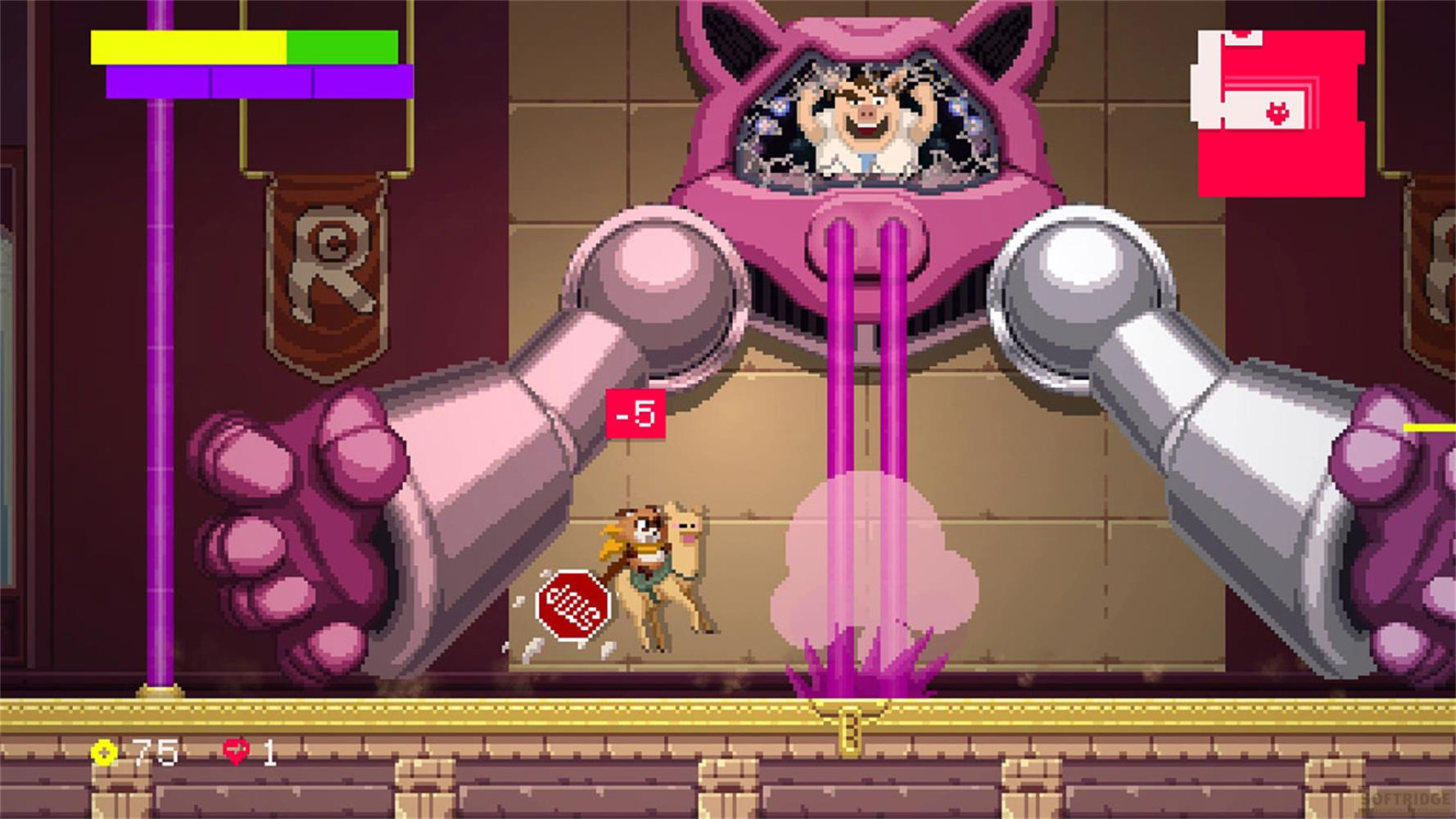 Robot-świnia z człowiekiem w środku jedzie na wielbłądzie ze znakiem stop.