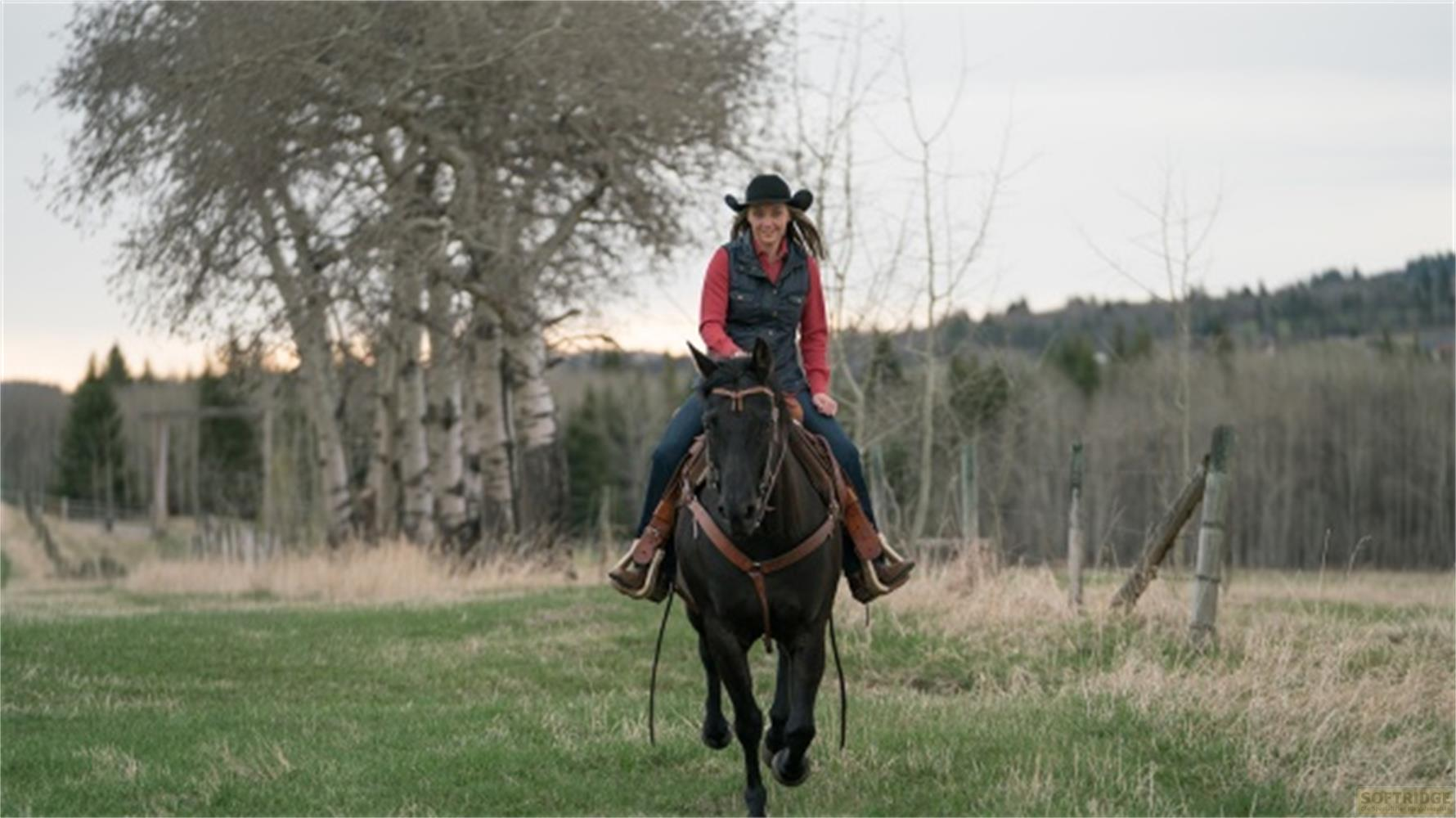 Una donna con cappello nero cavalca un cavallo nero in un campo.