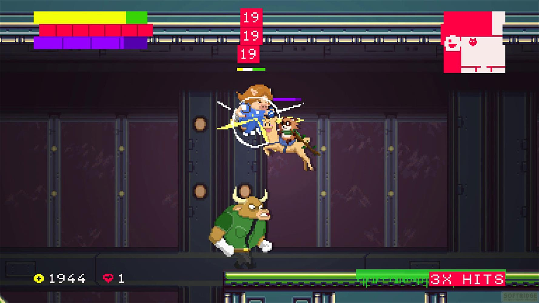 Byk w zielonej kurtce walczy ze świnią na sarnie.