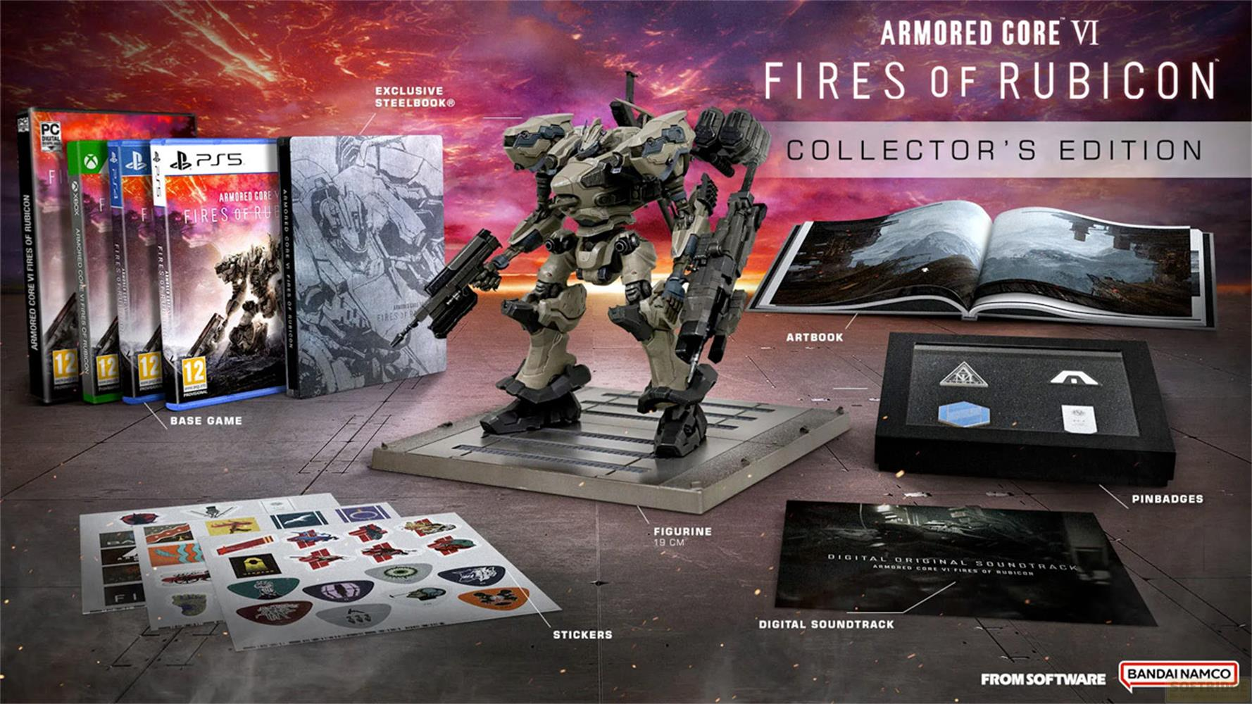 Edizione da Collezione di Armored Core VI con statuetta, artbook, spille e giochi.
