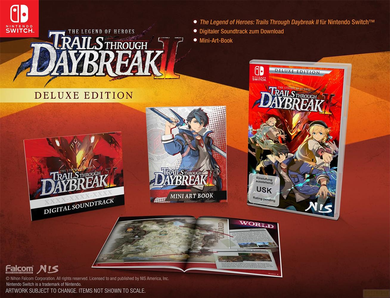 Edizione Deluxe Nintendo Switch di Trails Through Daybreak II con gioco, colonna sonora e artbook.