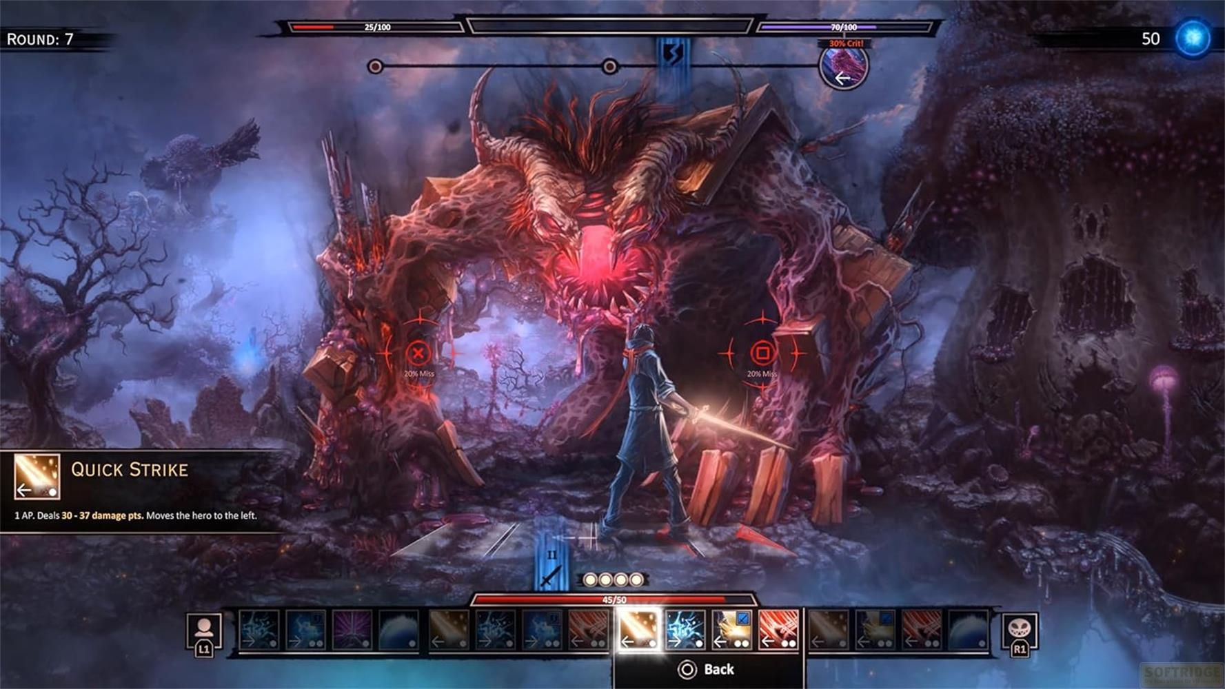 Ein Spieler kämpft gegen einen riesigen Dämon in einer düsteren Fantasy-Landschaft.