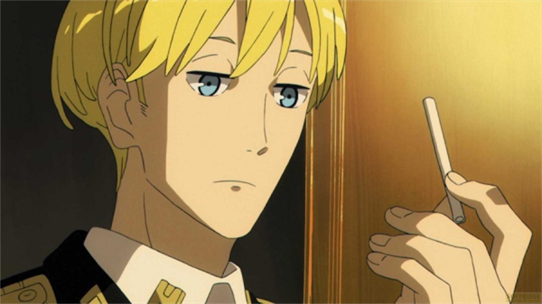 Un personnage d'anime aux cheveux blonds et aux yeux bleus tient un mégot de cigarette.