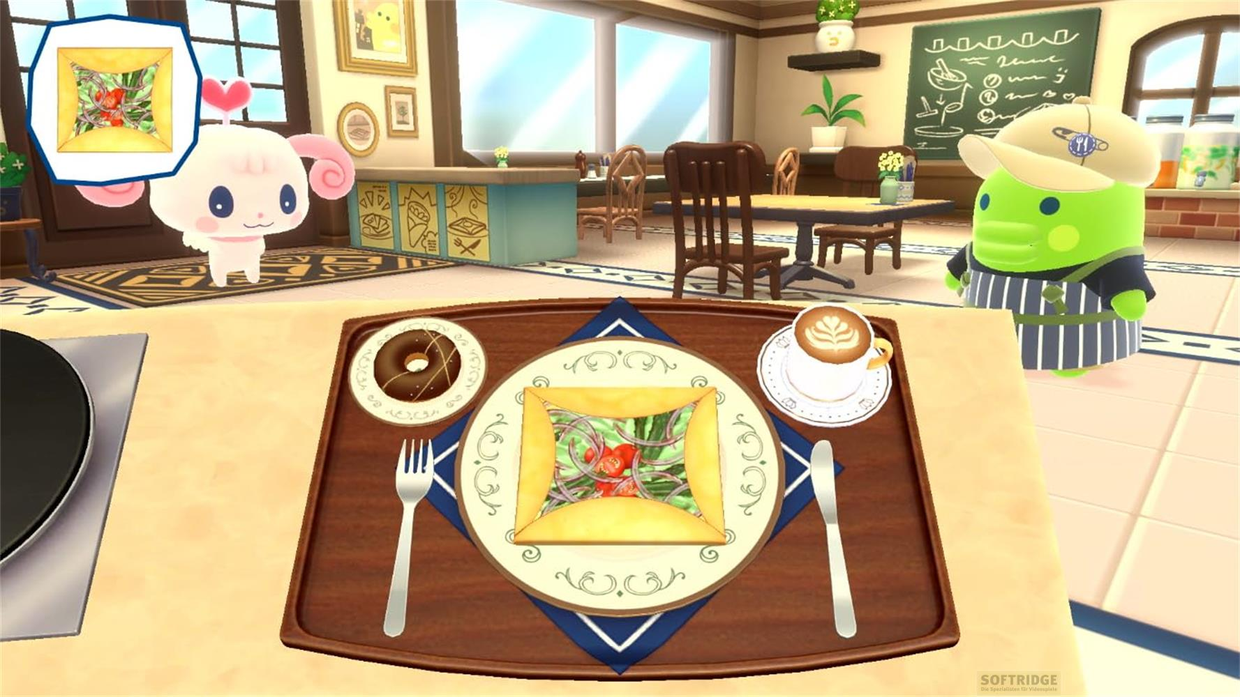Un personnage mignon sert un plat avec salade, donut et café dans un café.