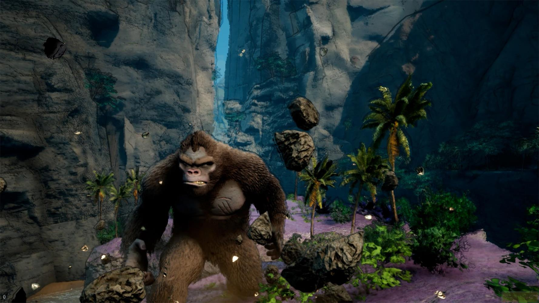 Ein Gorilla steht in einer felsigen Dschungelumgebung mit Palmen und schwebenden Felsen.