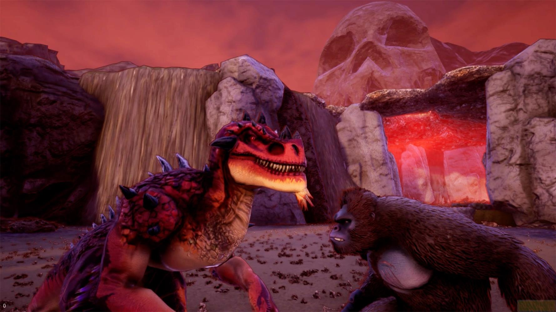 Ein roter Drache und ein Gorilla stehen vor einem Wasserfall und einer Höhle.