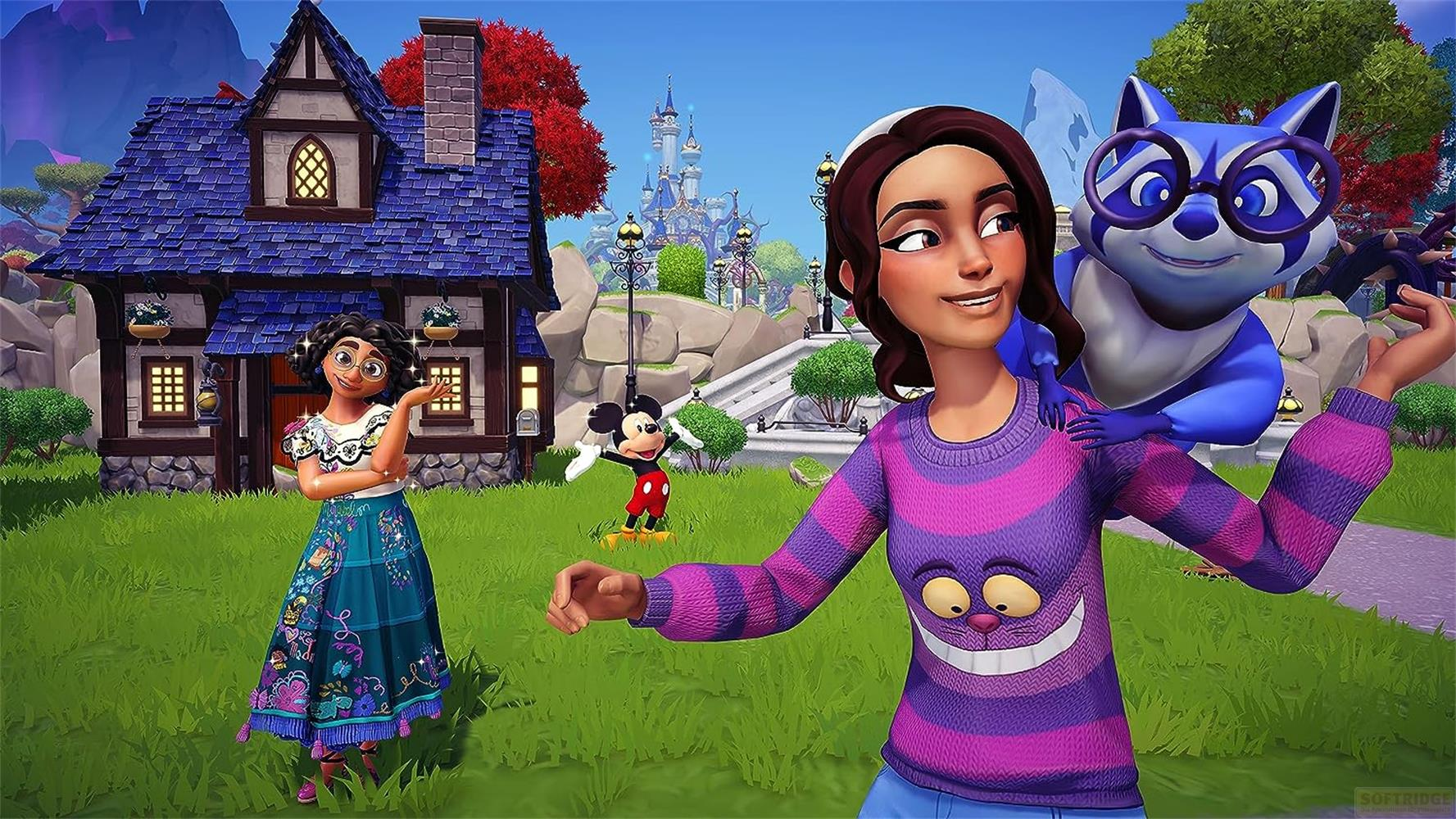 Tre personaggi Disney in una scena davanti a un castello e una casa.