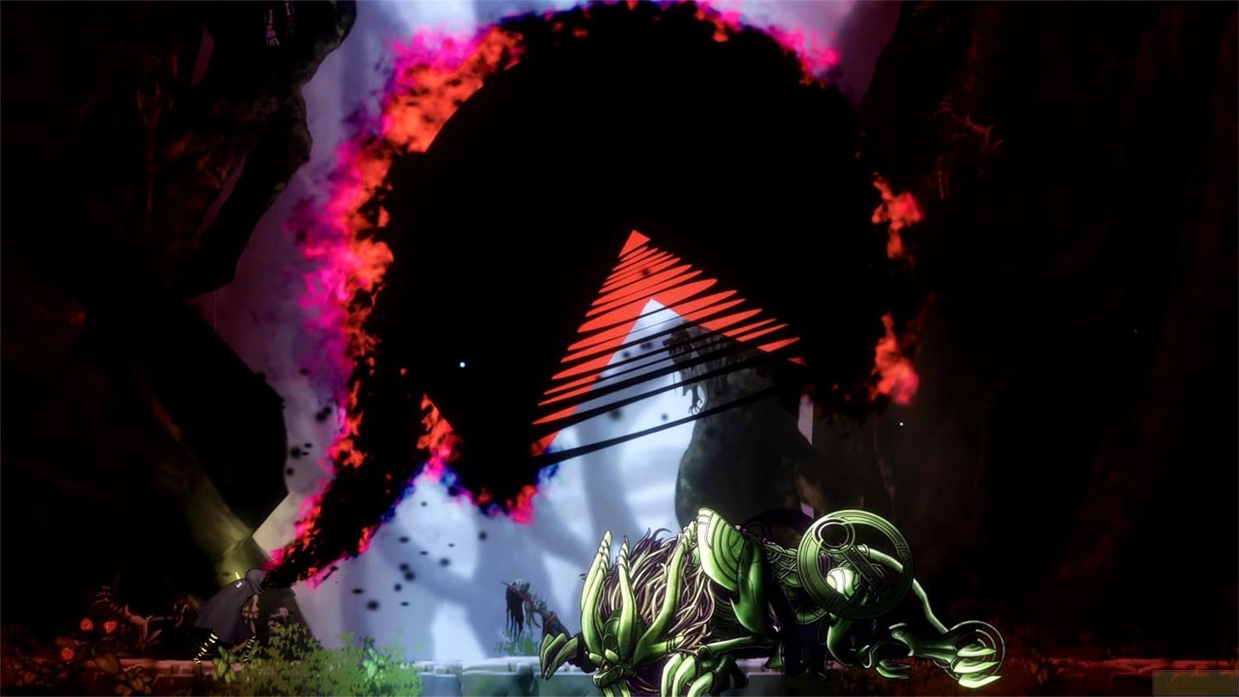 Mostro verde con triangoli rossi e nuvola di fumo nero con fiamme rosa.