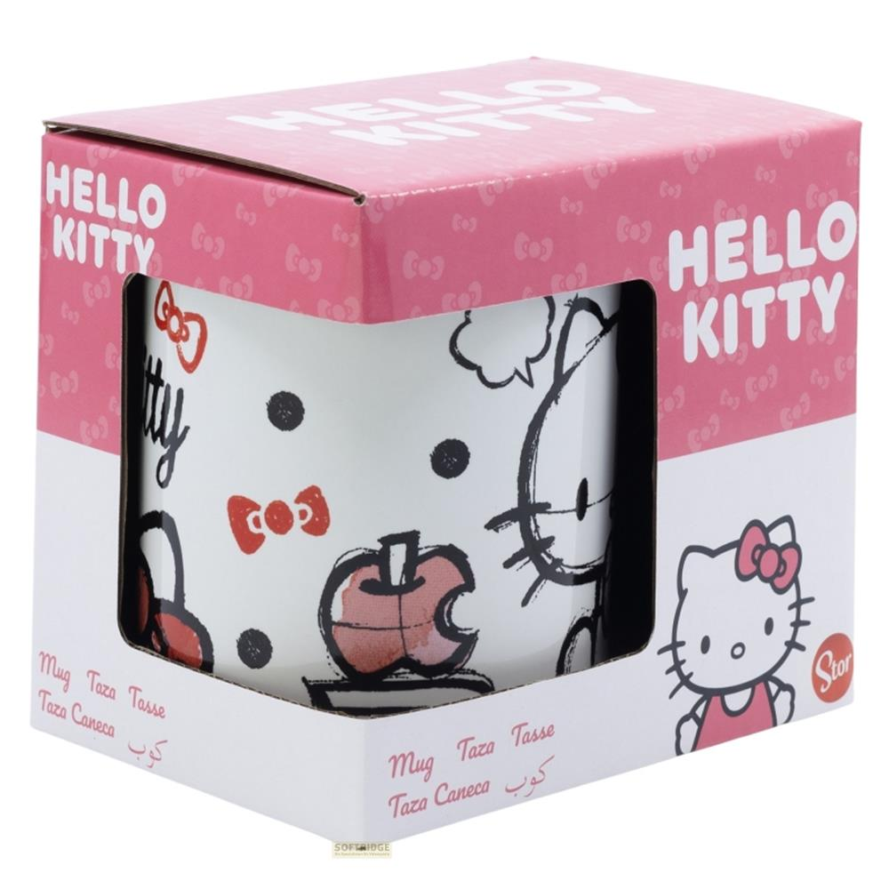 Una taza de Hello Kitty en su embalaje con gráficos y texto de Hello Kitty.