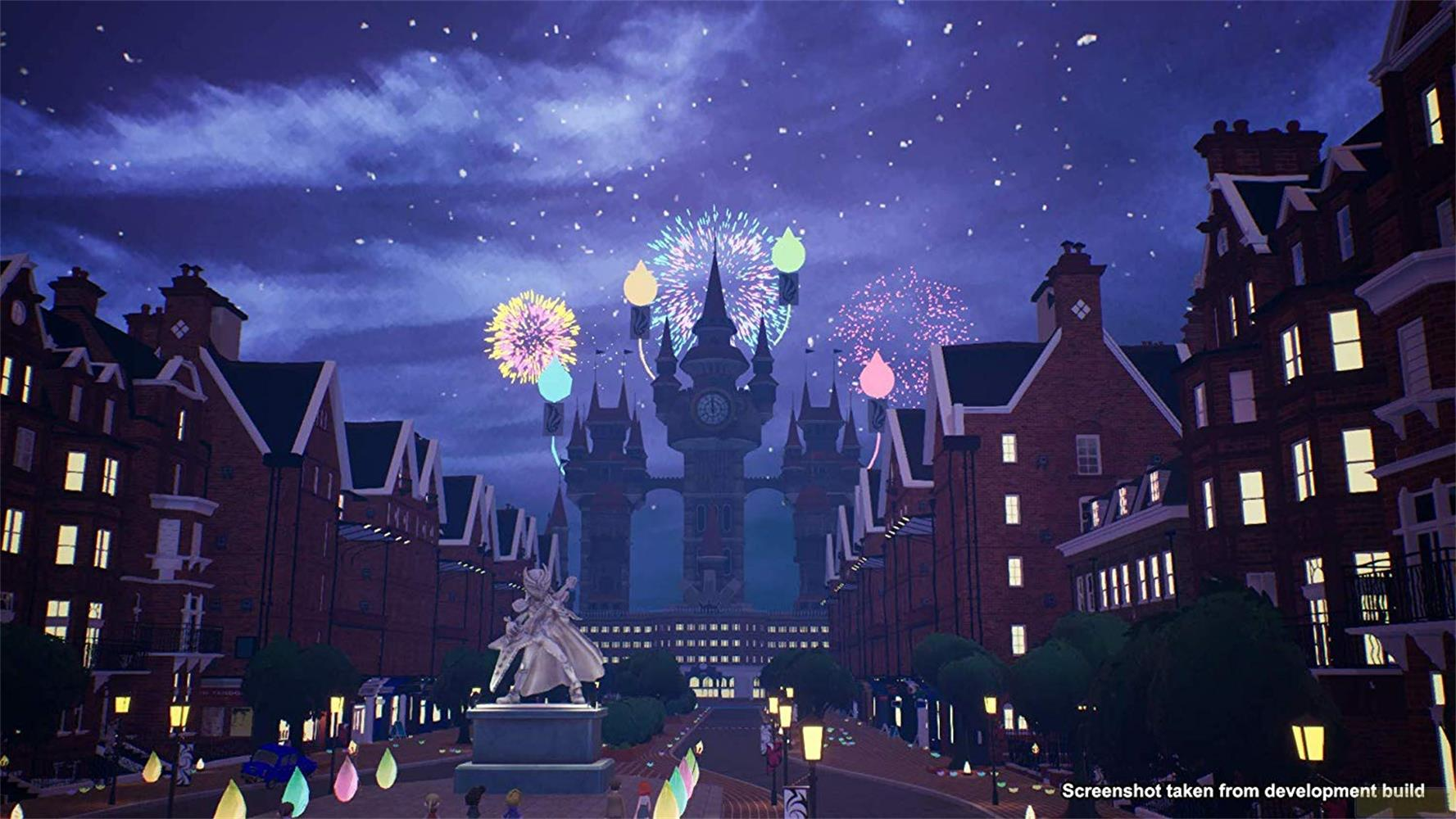 Rue festive avec un château, des feux d'artifice et des statues sous un ciel nocturne étoilé.