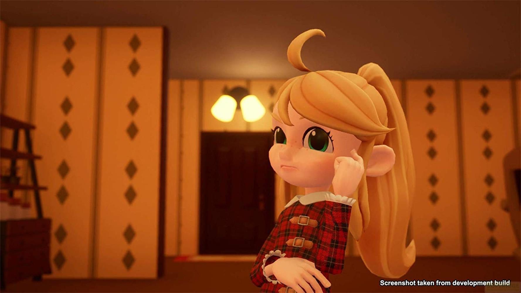 Une fille de dessin animé aux cheveux blonds et à la robe à carreaux dans une pièce.