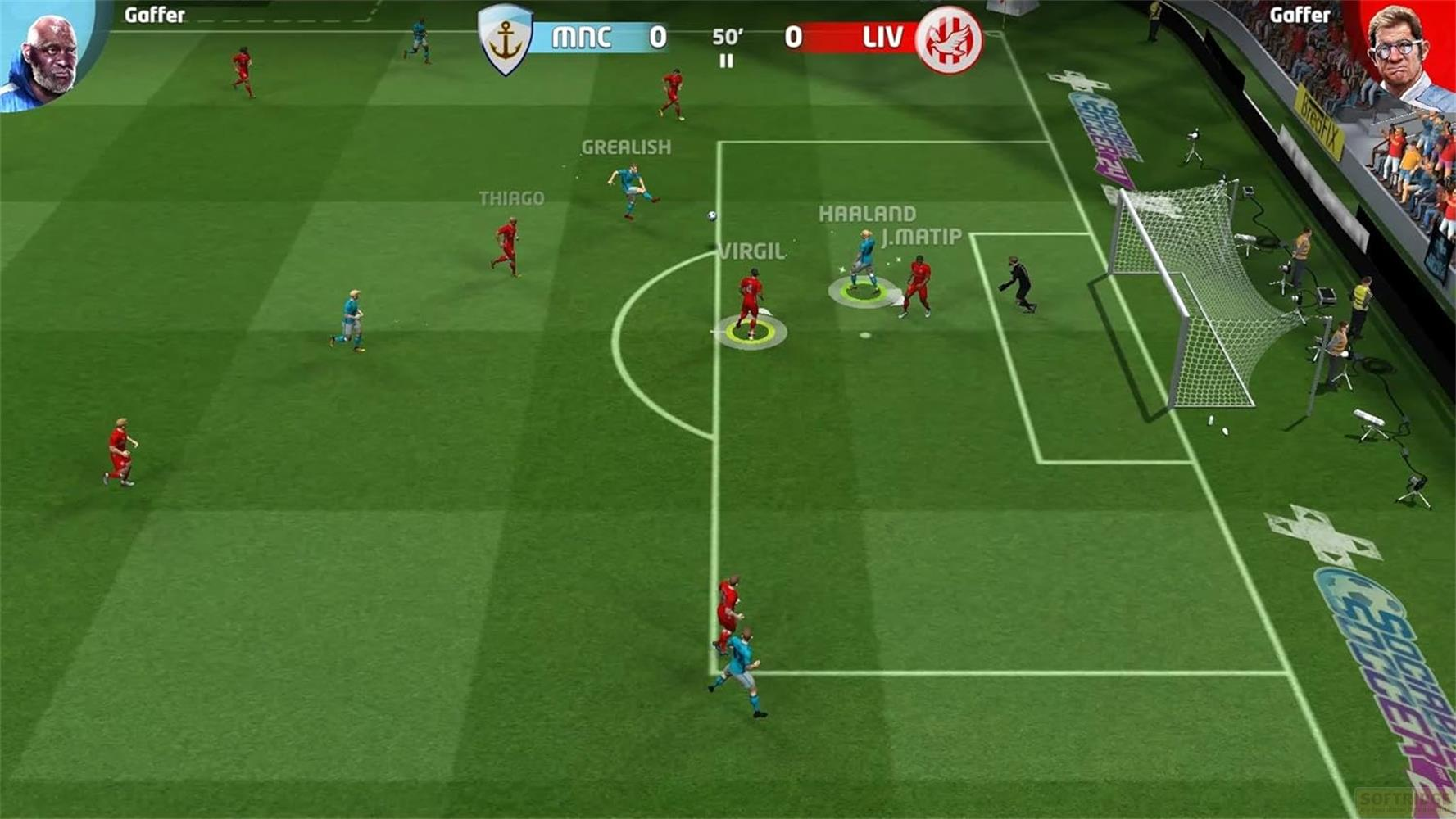 Fußballspiel mit Spielern in Rot und Blau. Spielstand 0-0 in der 50. Minute.