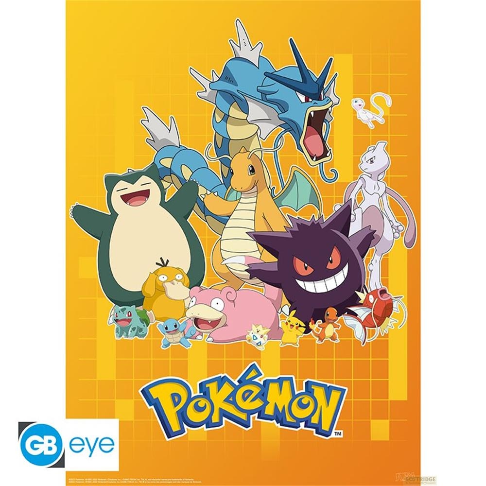 Verschiedene Pokémon-Charaktere wie Relaxo, Garados und Mewtu auf orangefarbenem Hintergrund.