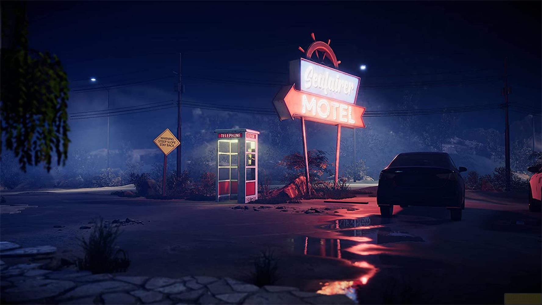 Nachtszene: Motel-Schild, Telefonzelle, Autos, nasse Straße.