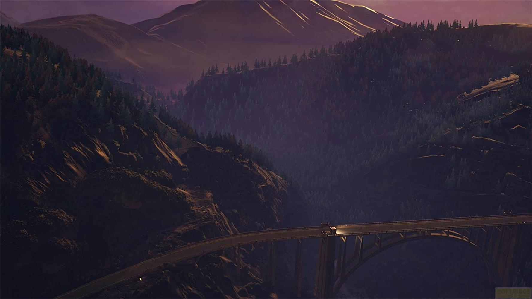 Eine Brücke überspannt ein Tal mit bewaldeten Hängen unter einem violetten Himmel.