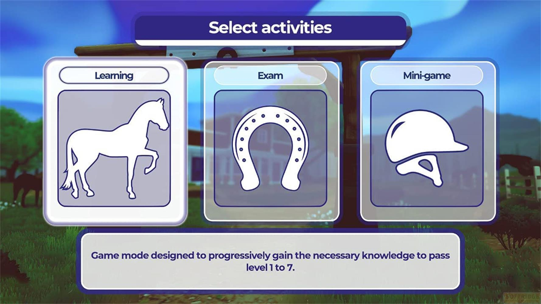 Écran avec options : Apprentissage, Examen, Mini-jeu. Arrière-plan de prairie à chevaux.