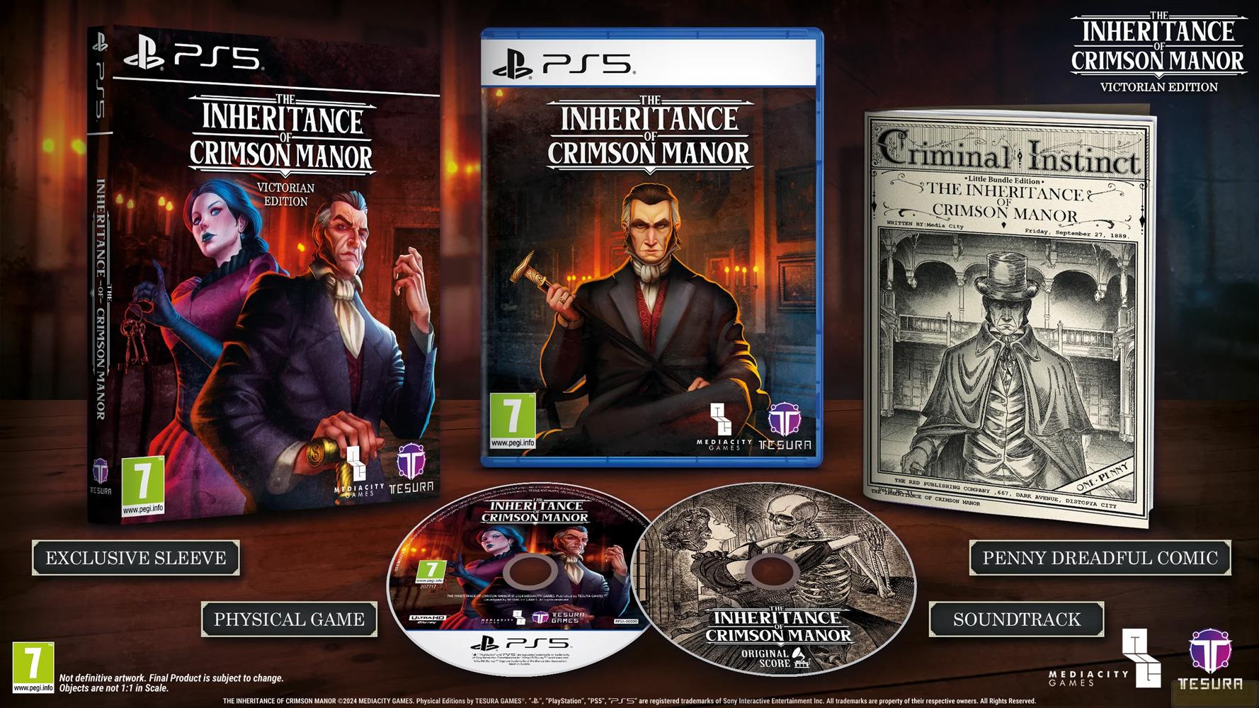 Gra PlayStation 5 "The Inheritance of Crimson Manor", komiks i ścieżka dźwiękowa.