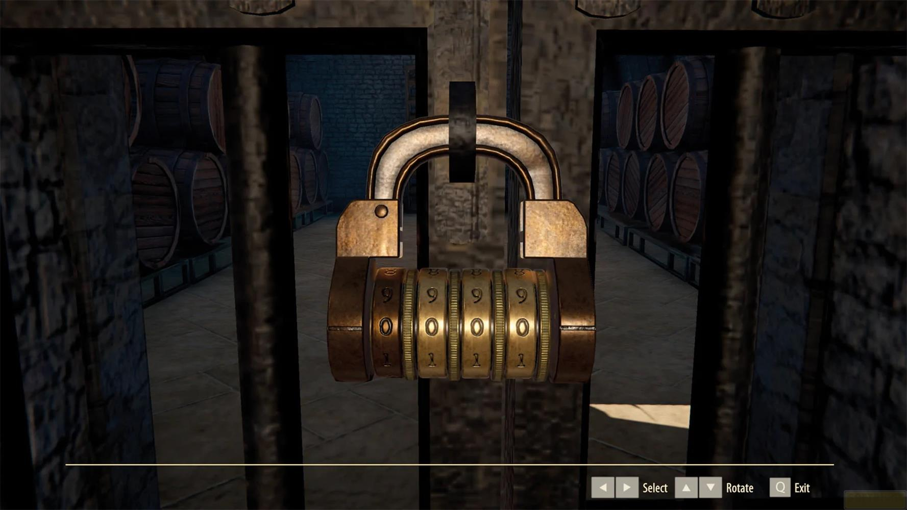 Złota kłódka szyfrowa blokuje bramę w magazynie z beczkami.