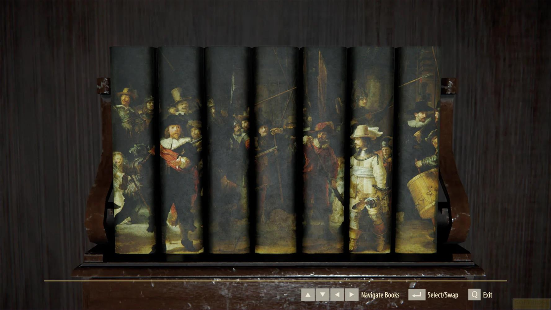 Półka z siedmioma książkami przedstawiającymi "Straż nocną" Rembrandta.