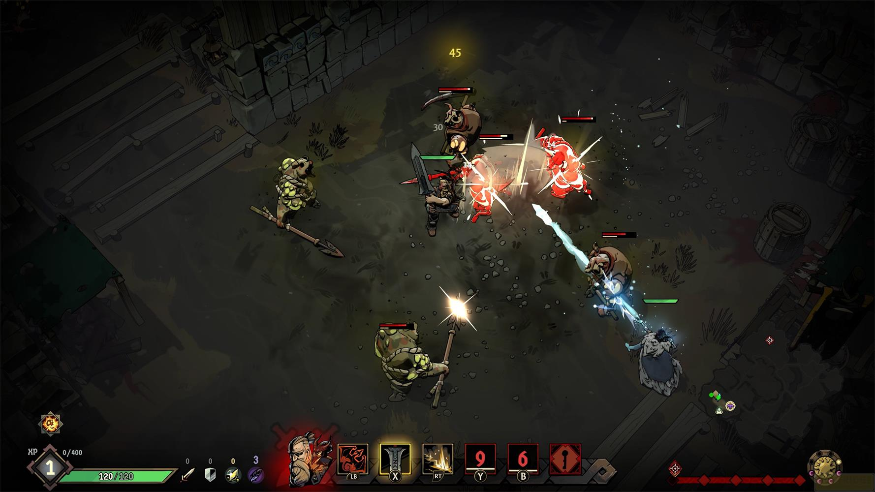 Bataille entre personnages dans un jeu sombre et stylisé. Des ennemis rouges attaquent.