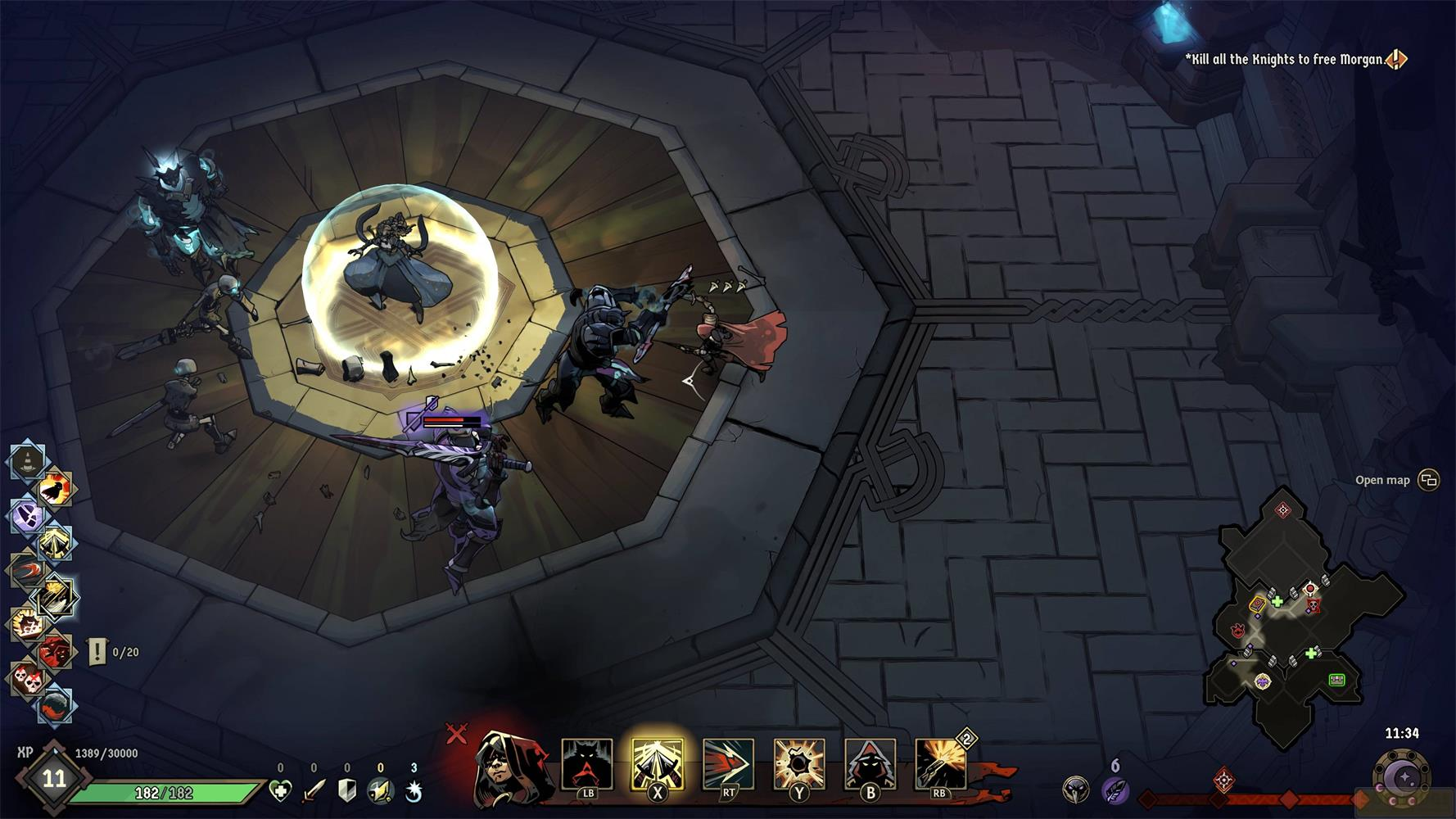 Combat fantastique : des chevaliers se battent dans une salle octogonale.