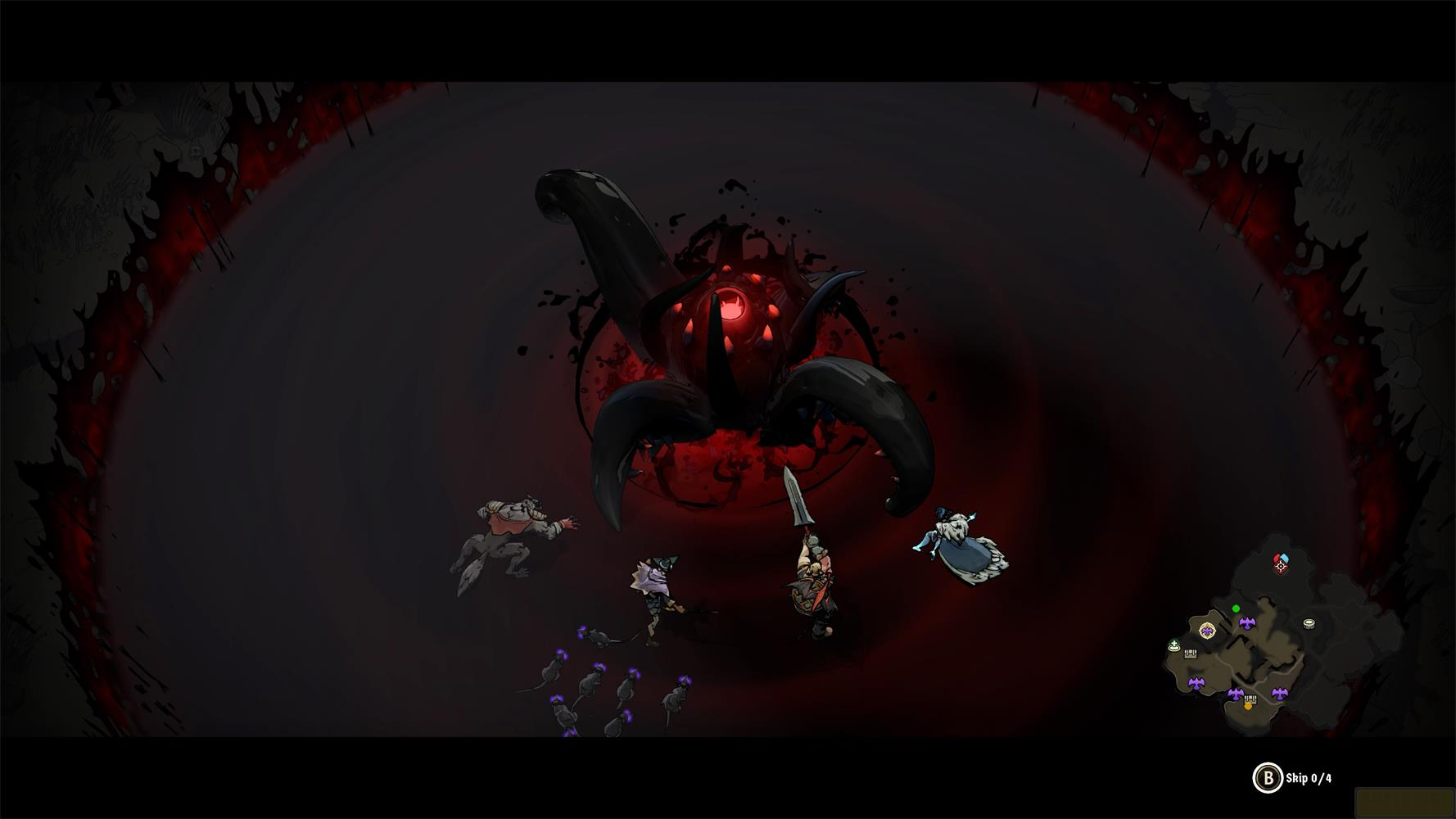 Un groupe d'aventuriers combat un grand monstre noir aux yeux rouges.