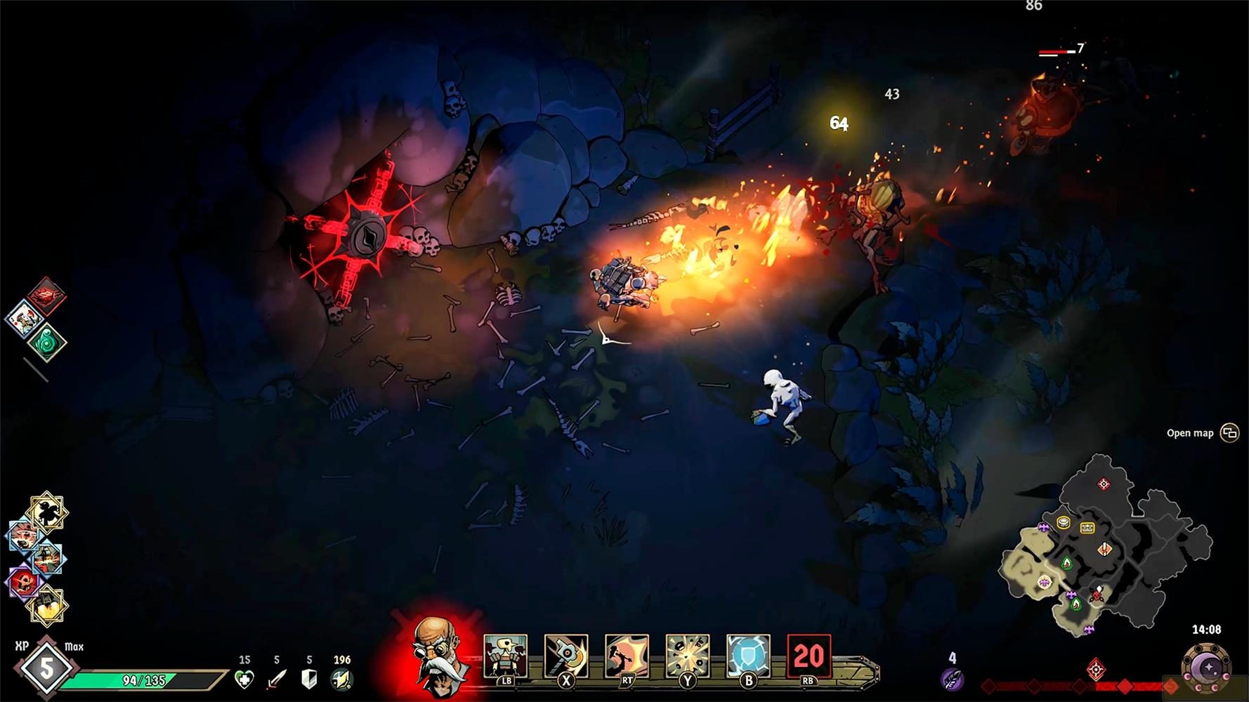 Un joueur combat des ennemis dans une grotte sombre avec des os et du feu.