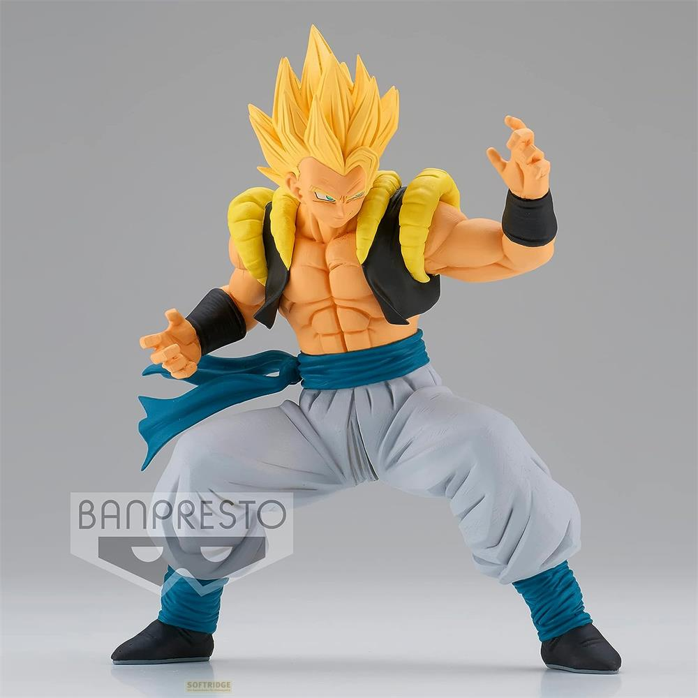Eine Figur von Gogeta in Super Saiyajin-Form mit gelben Haaren und blauer Kleidung.