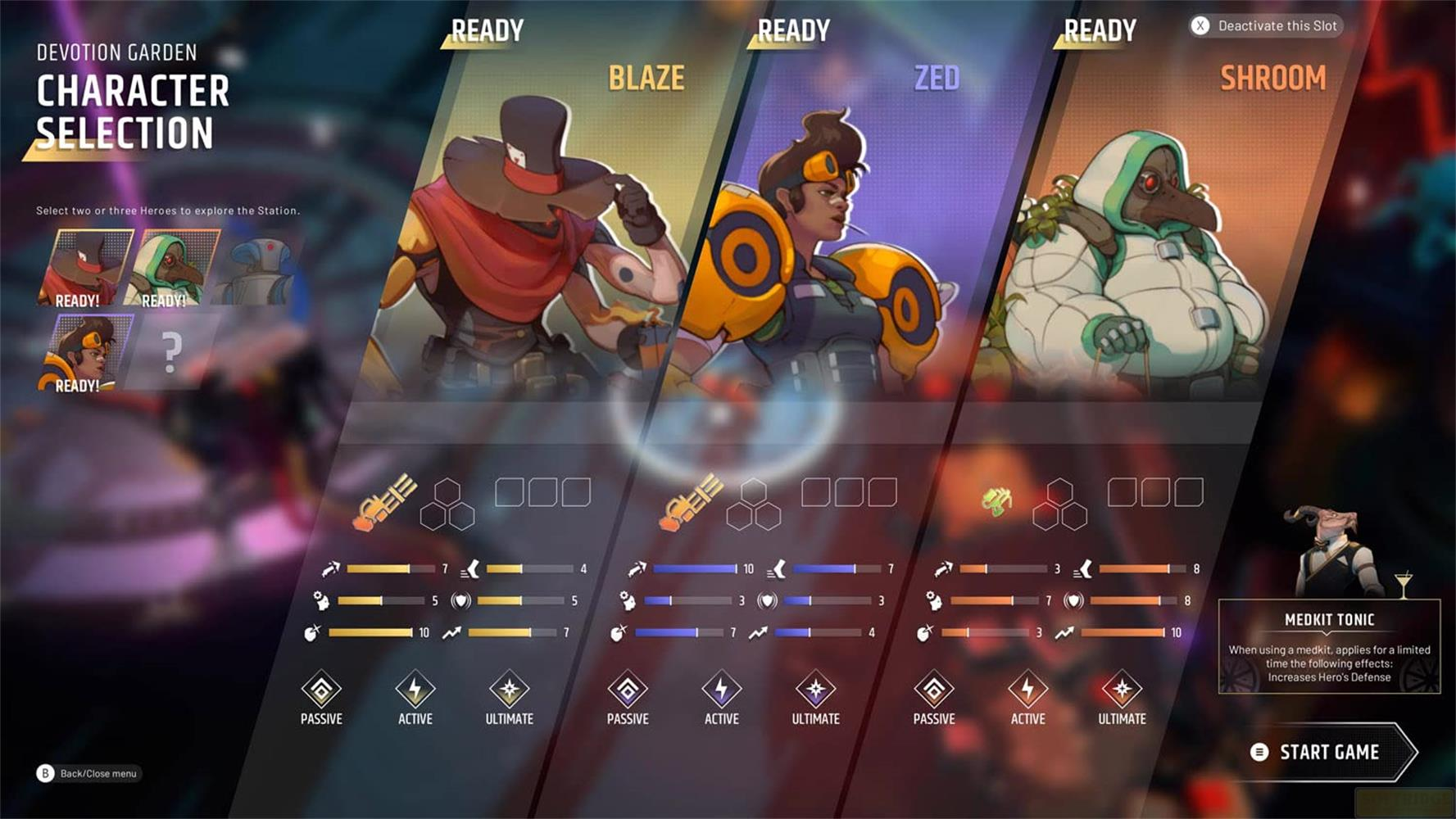 Charakter-Auswahlbildschirm mit drei spielbaren Helden: Blaze, Zed und Shroom.