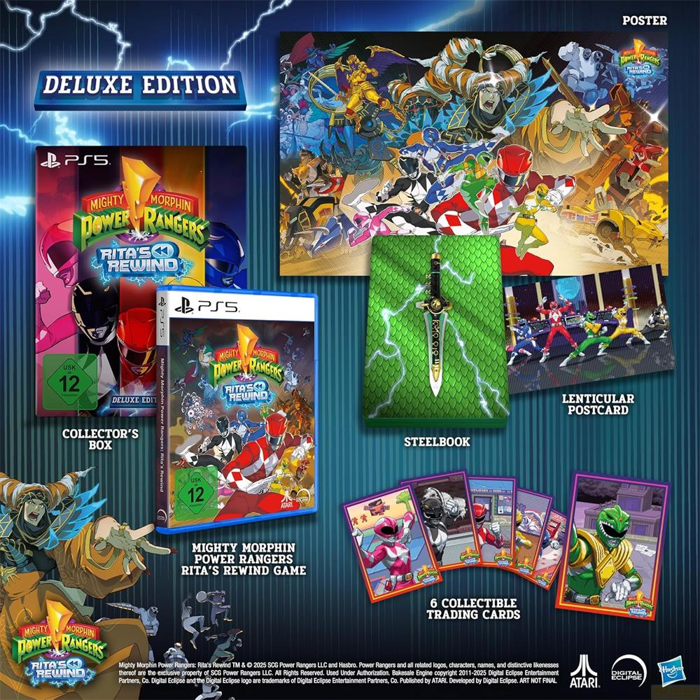Deluxe Edition von Mighty Morphin Power Rangers: Rita's Rewind für PS5, mit Spiel, Poster, Steelbook & Sammelkarten.