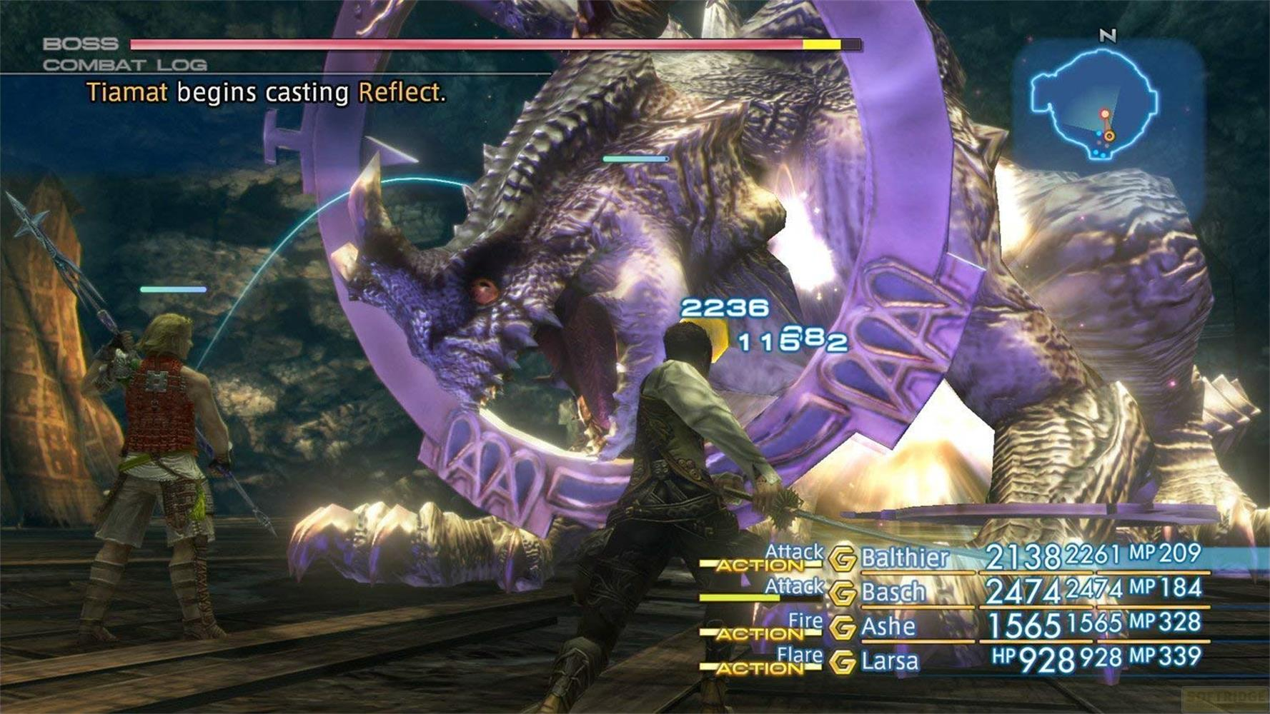 Un drago combatte contro due personaggi. Il boss Tiamat inizia a lanciare Riflesso.